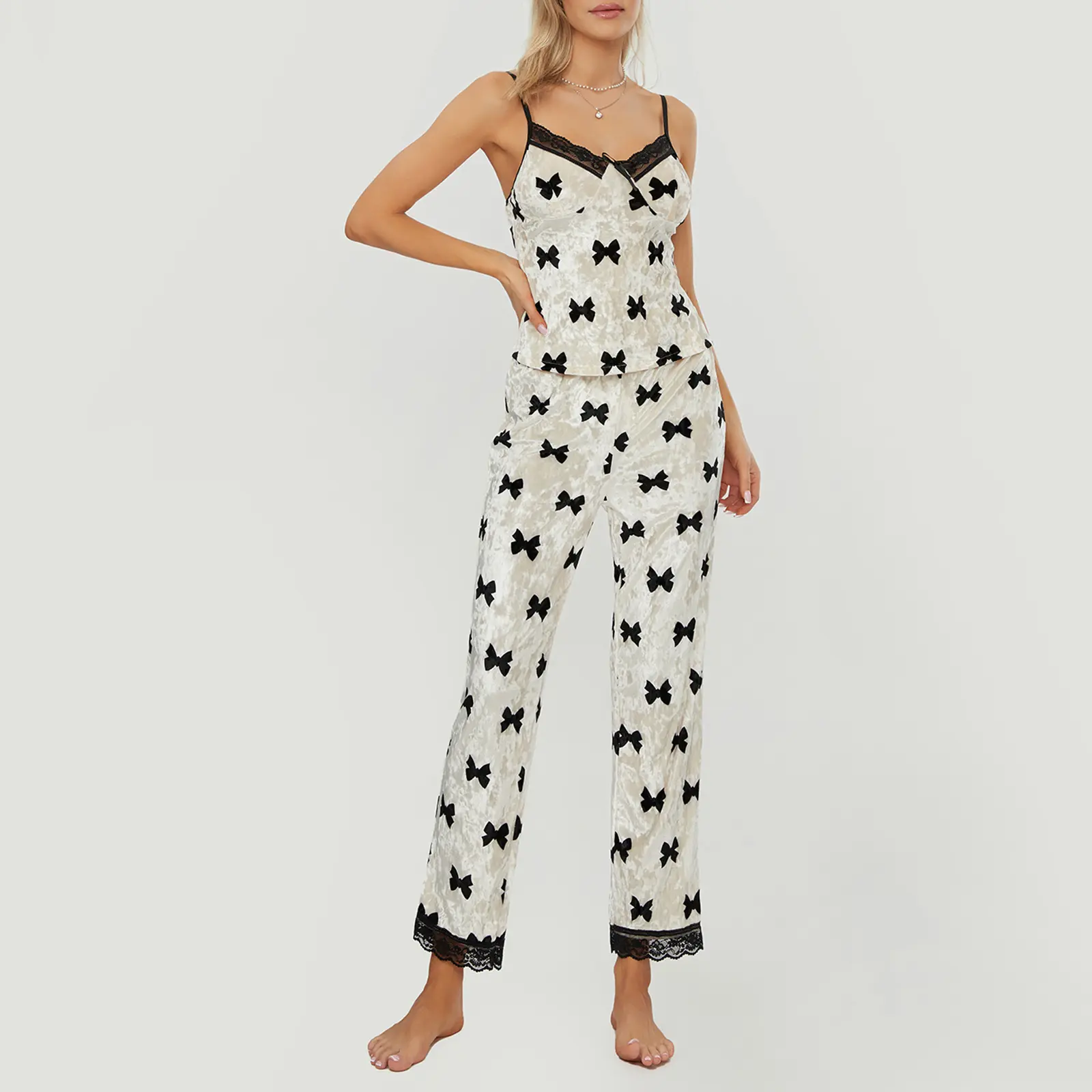 Women’s Two Piece Pajamas Set Sleeveless V Neck Bow Print Cami Tops and Pants Set Sleepwear