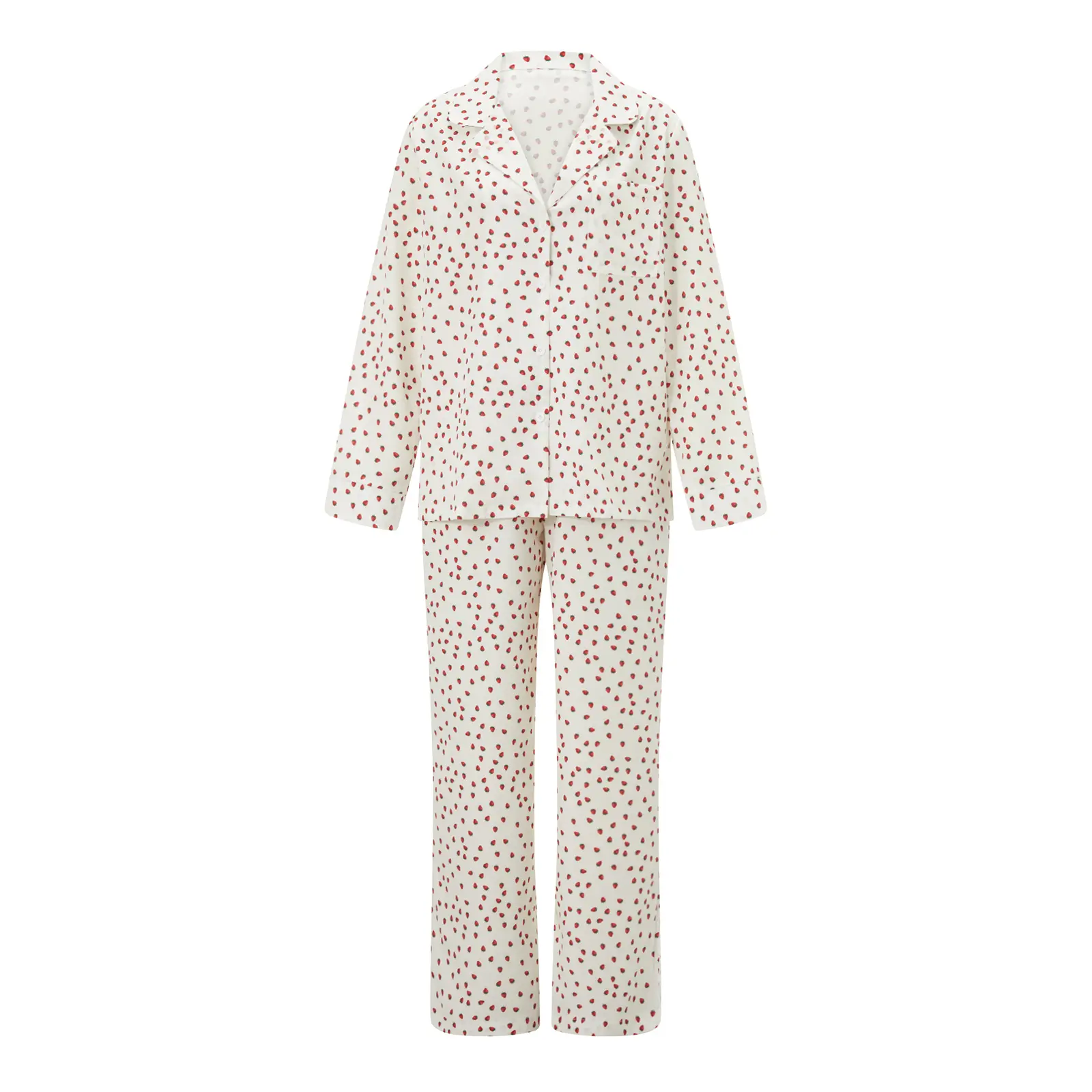 Women Pajamas Lounge Set Strawberry Print Turn-Down Collar Long Sleeve Shirts Tops and Pants 2 Piece Loungewear Outfits