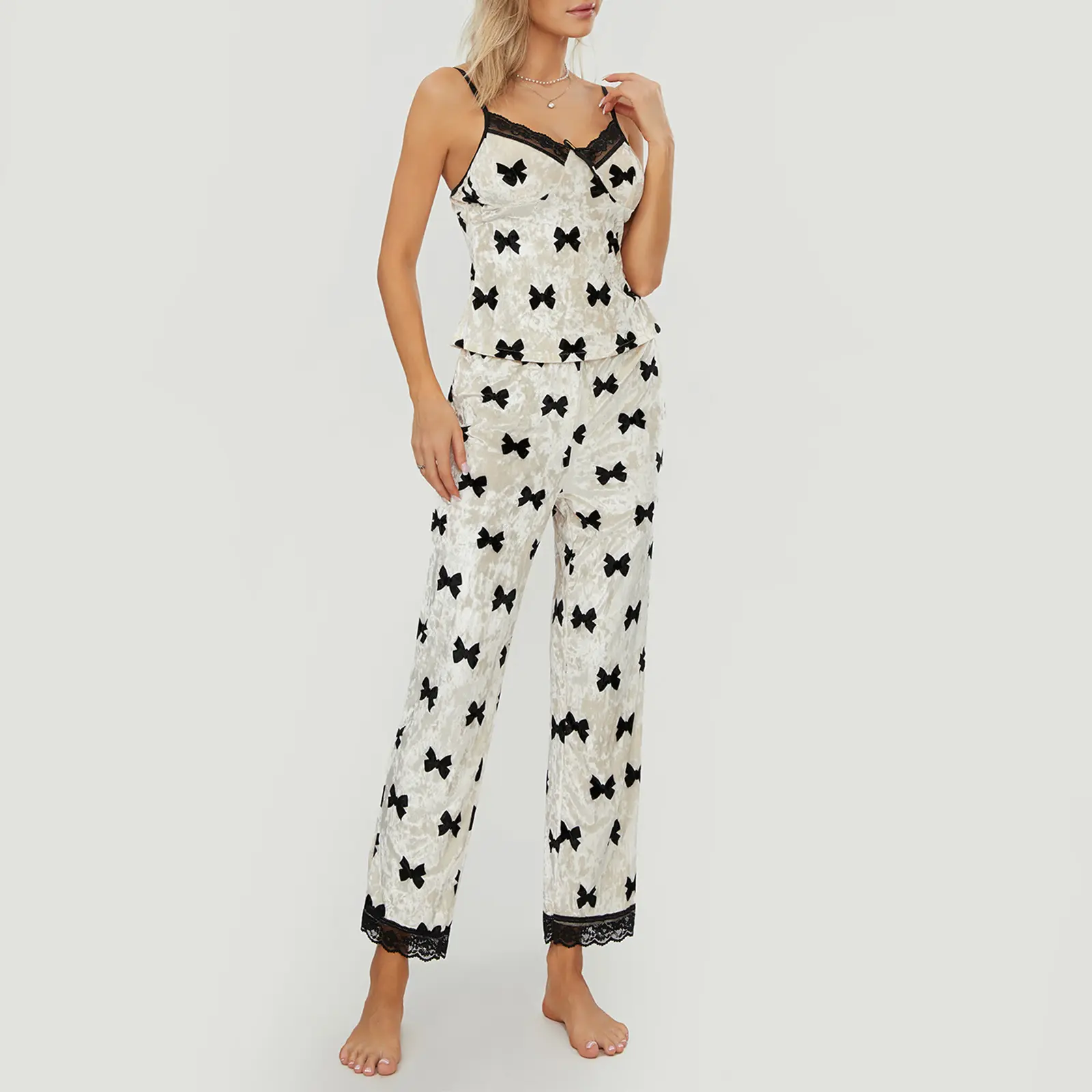 Women’s Two Piece Pajamas Set Sleeveless V Neck Bow Print Cami Tops and Pants Set Sleepwear