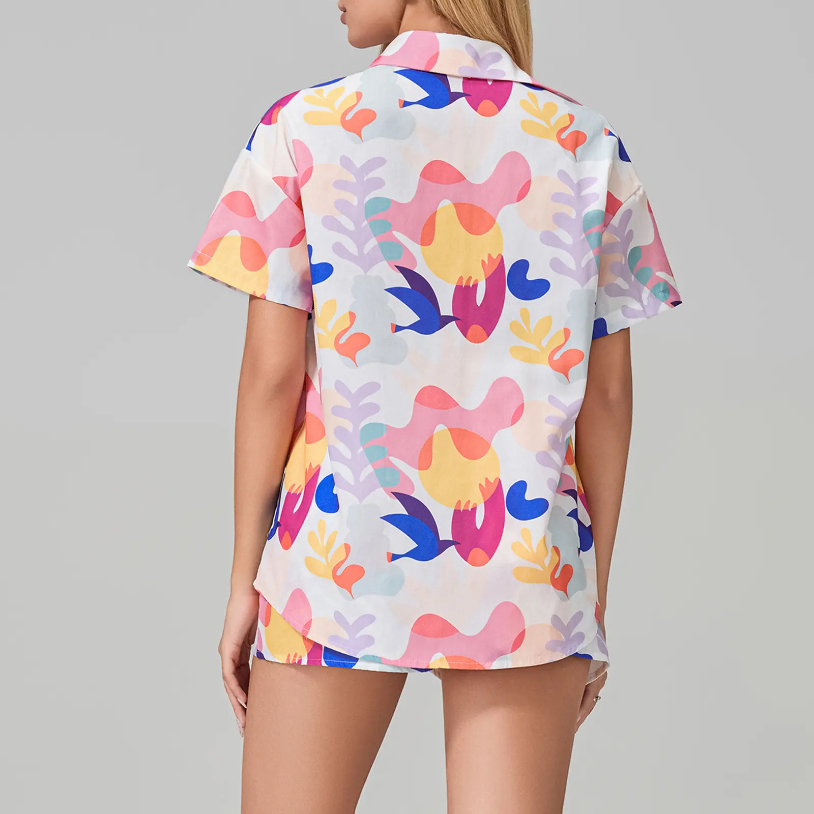 Women 2 Piece Pajamas Set Fruit/Flower Print Button T-Shirt and Elastic Waist Shorts for Loungewear Soft Sleepwear
