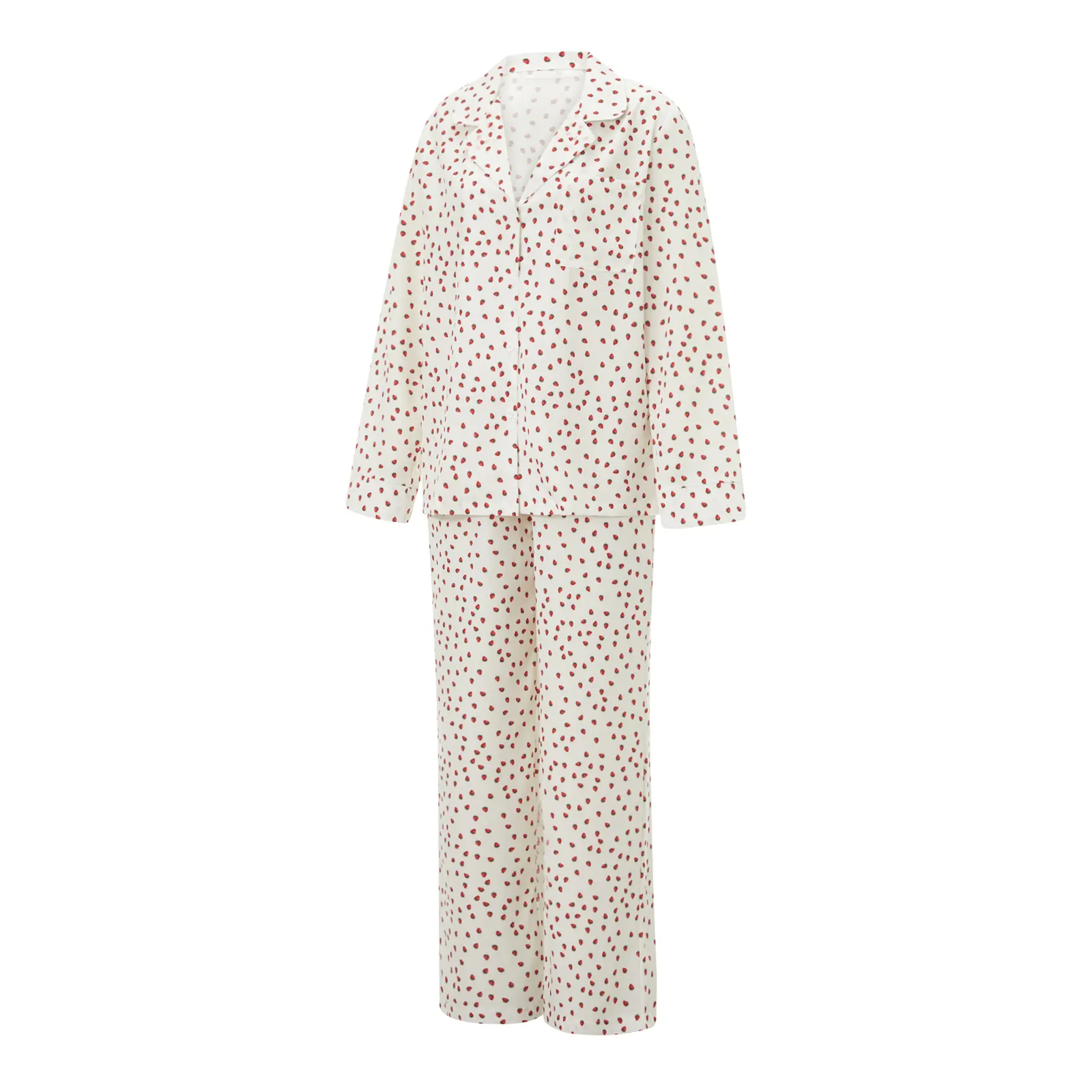 Women Pajamas Lounge Set Strawberry Print Turn-Down Collar Long Sleeve Shirts Tops and Pants 2 Piece Loungewear Outfits