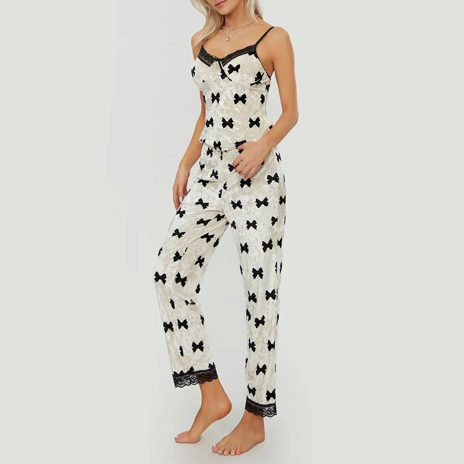 Women’s Two Piece Pajamas Set Sleeveless V Neck Bow Print Cami Tops and Pants Set Sleepwear