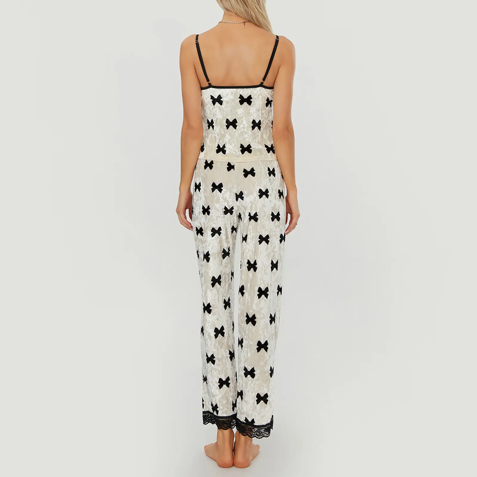 Women’s Two Piece Pajamas Set Sleeveless V Neck Bow Print Cami Tops and Pants Set Sleepwear