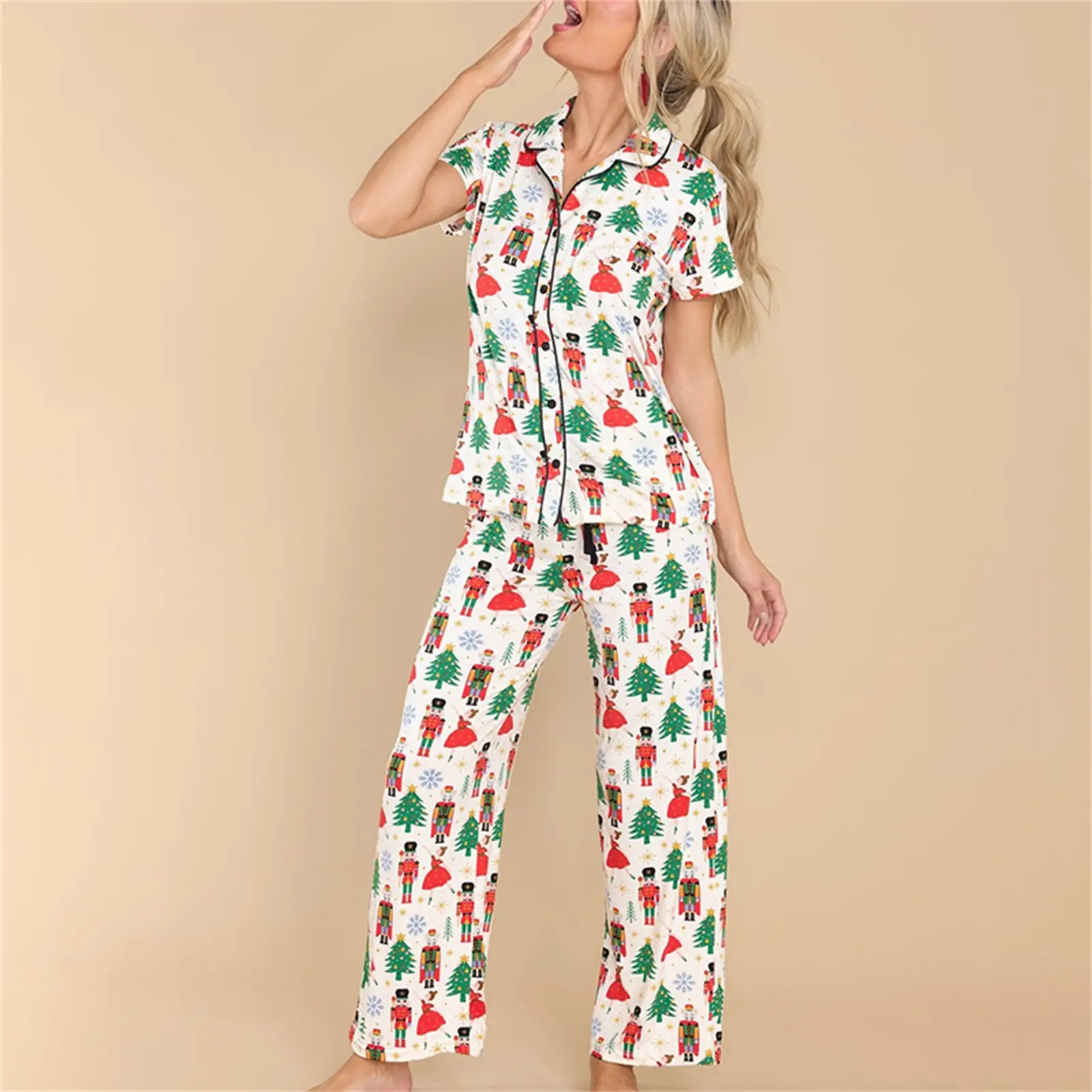 Women 2 Piece Pajamas Set Christmas Print Short Sleeves Shirt and Elastic Pants for Loungewear Soft Sleepwear