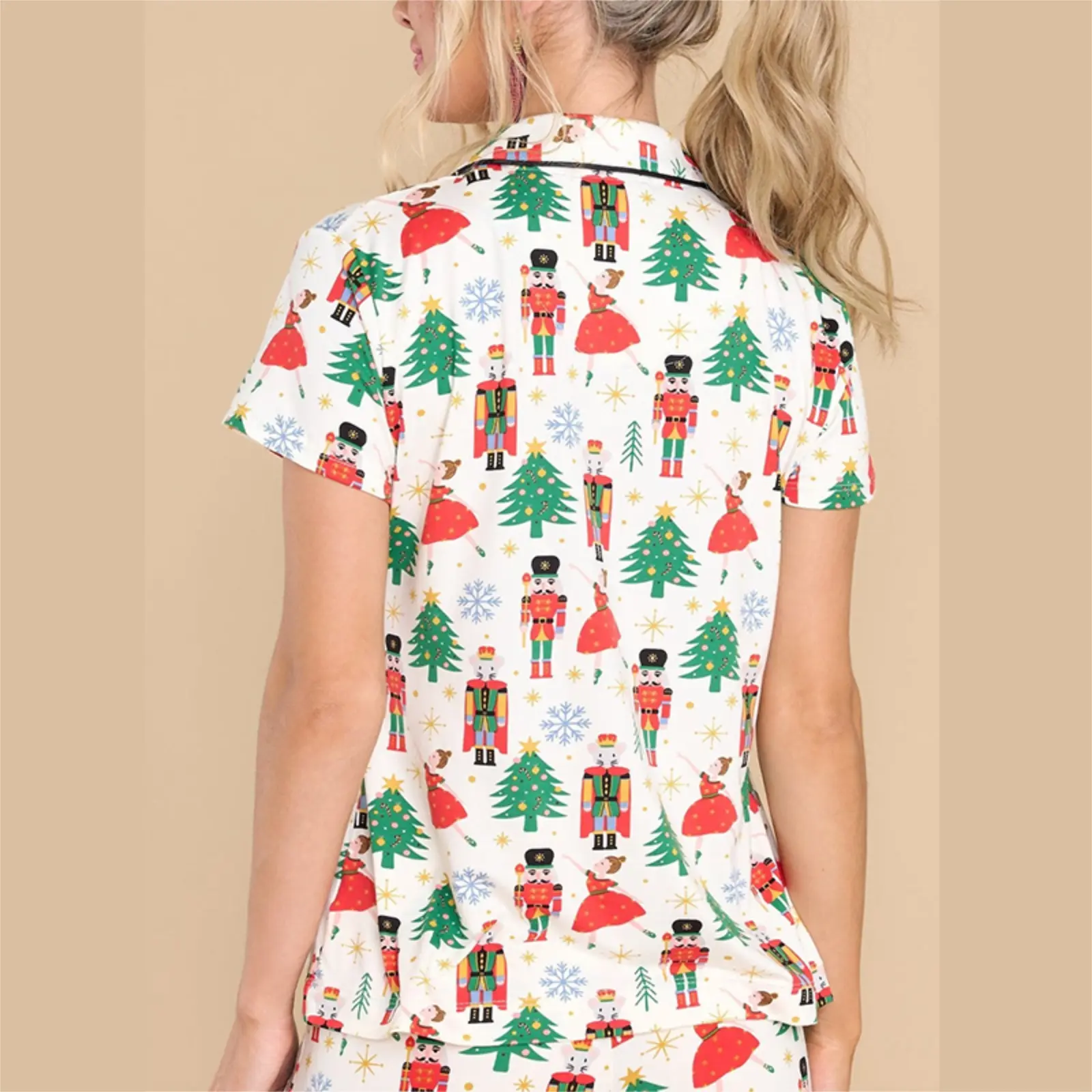 Women 2 Piece Pajamas Set Christmas Print Short Sleeves Shirt and Elastic Pants for Loungewear Soft Sleepwear