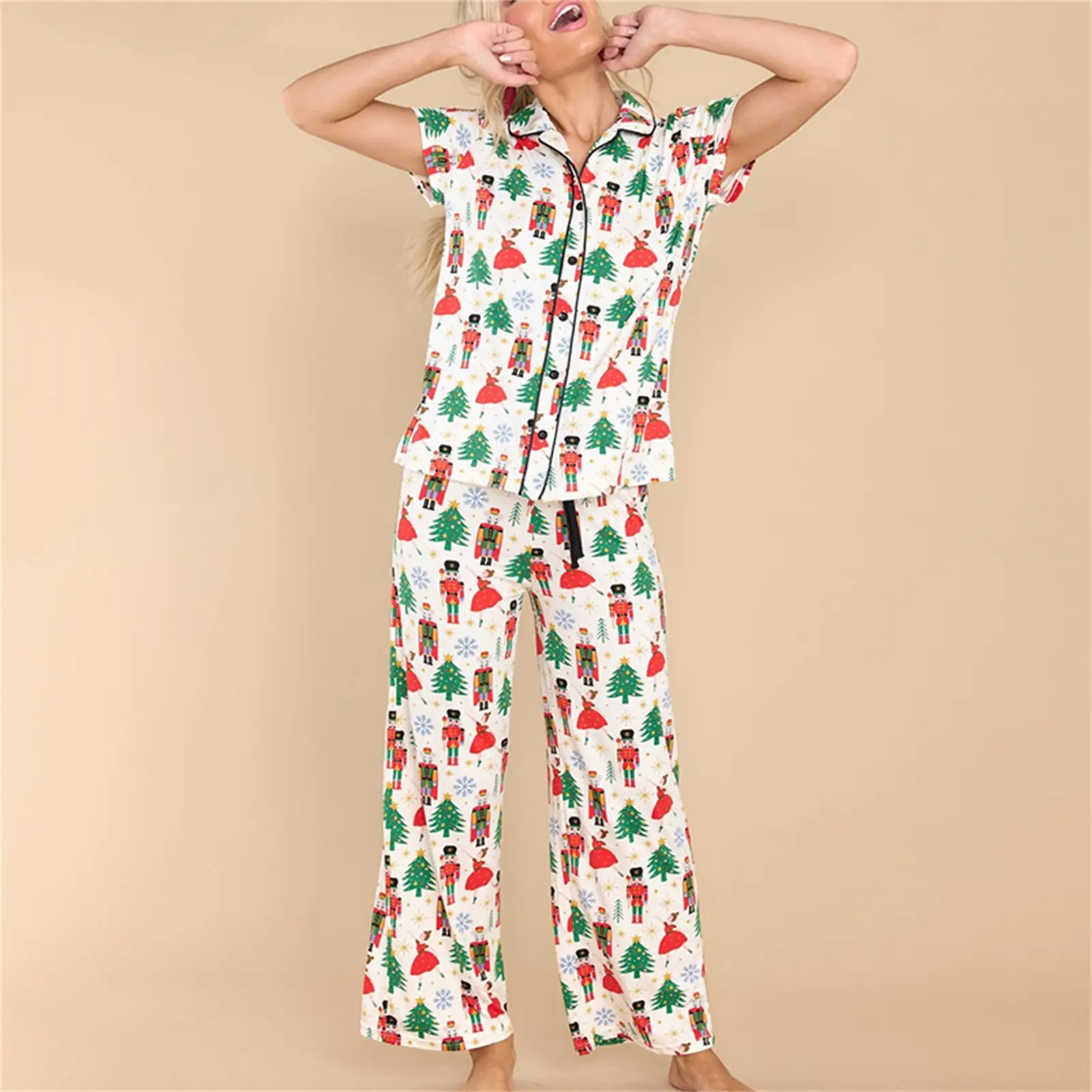 Women 2 Piece Pajamas Set Christmas Print Short Sleeves Shirt and Elastic Pants for Loungewear Soft Sleepwear