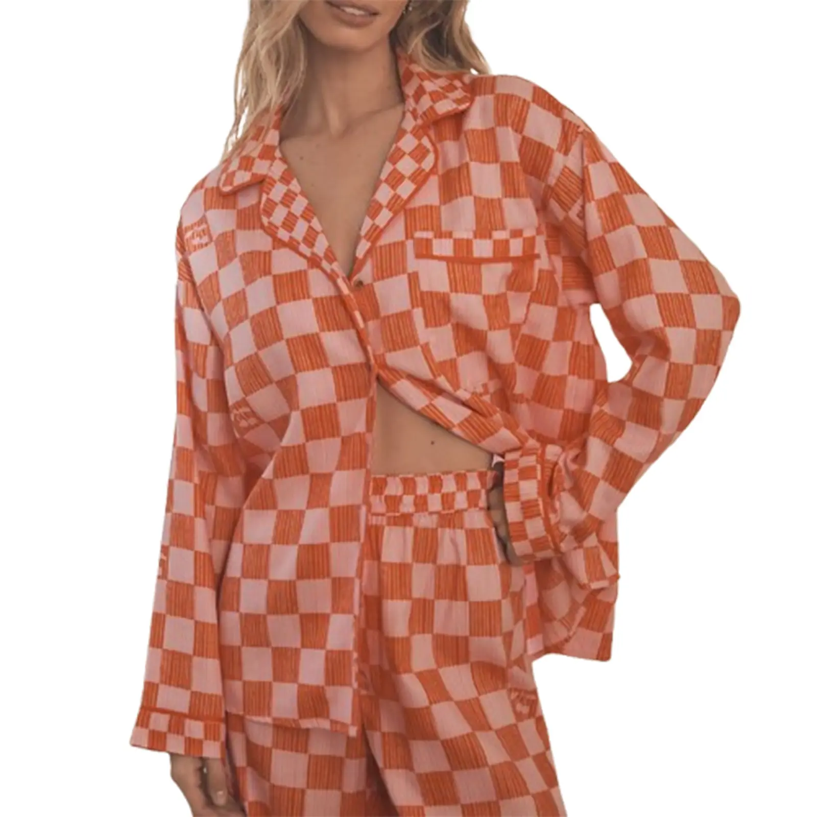 Women’s 2 Piece Pajama Set Long Sleeve Checkered Print Button Up Shirt + Pants Set Sleepwear Loungewear