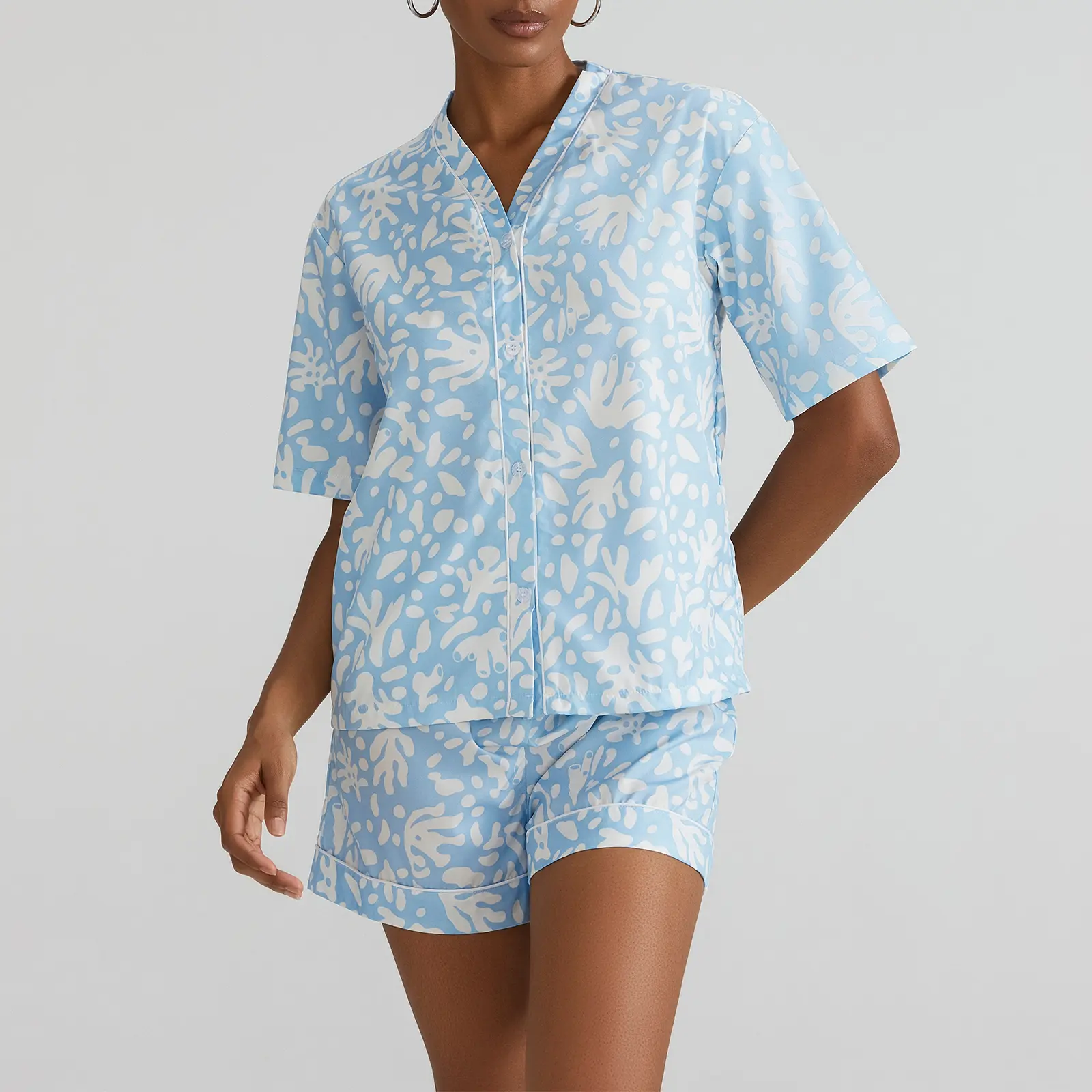 Women's Summer Loungewear Set Abstract Print Short Sleeves V-Neck Button T-Shirt with Elastic Waist Shorts Sleepwear