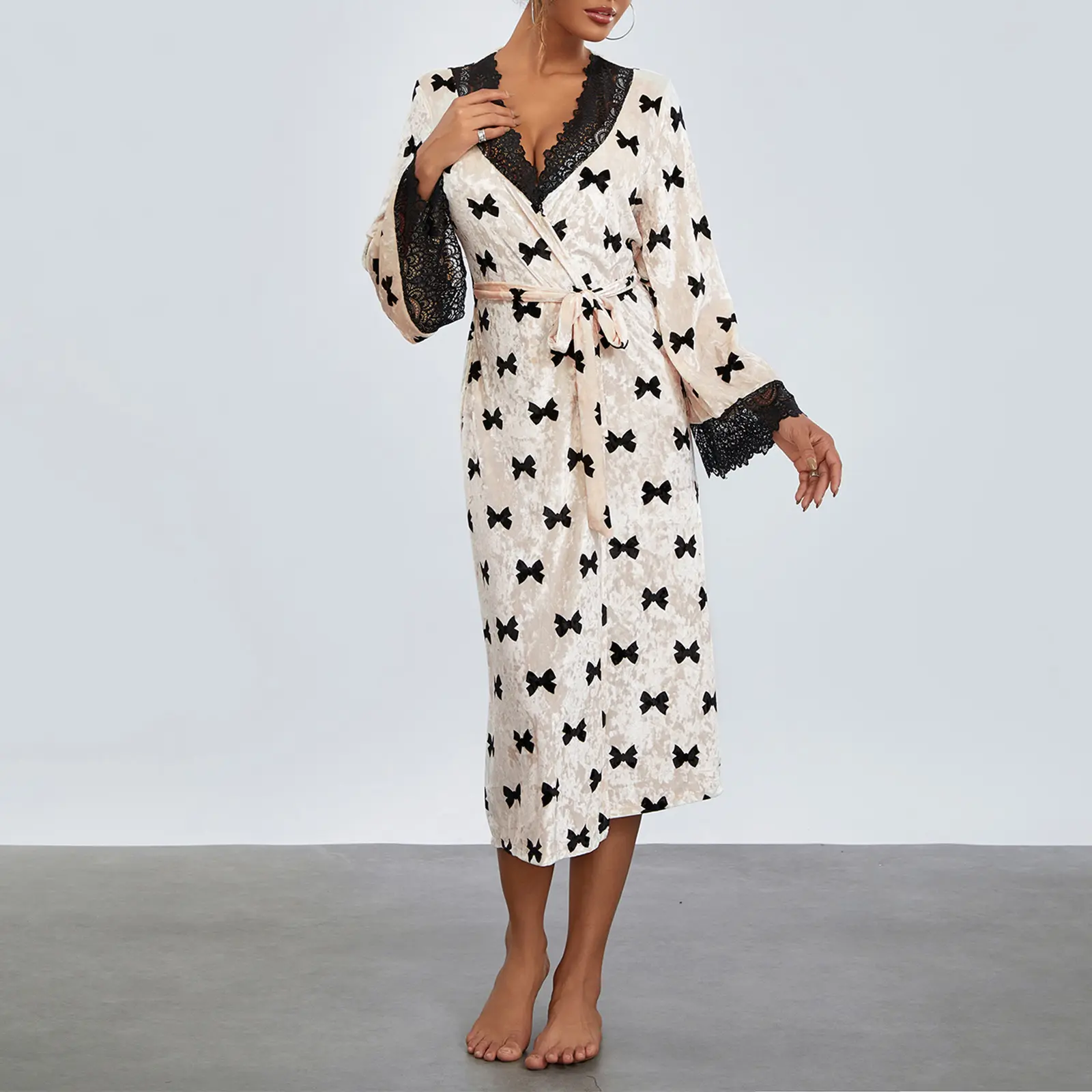 Women Fall Cozy Home Velvet Robe Kimono Collar  Print Long Sleeve Lace Patchwork Bathrobe with Attached Belt