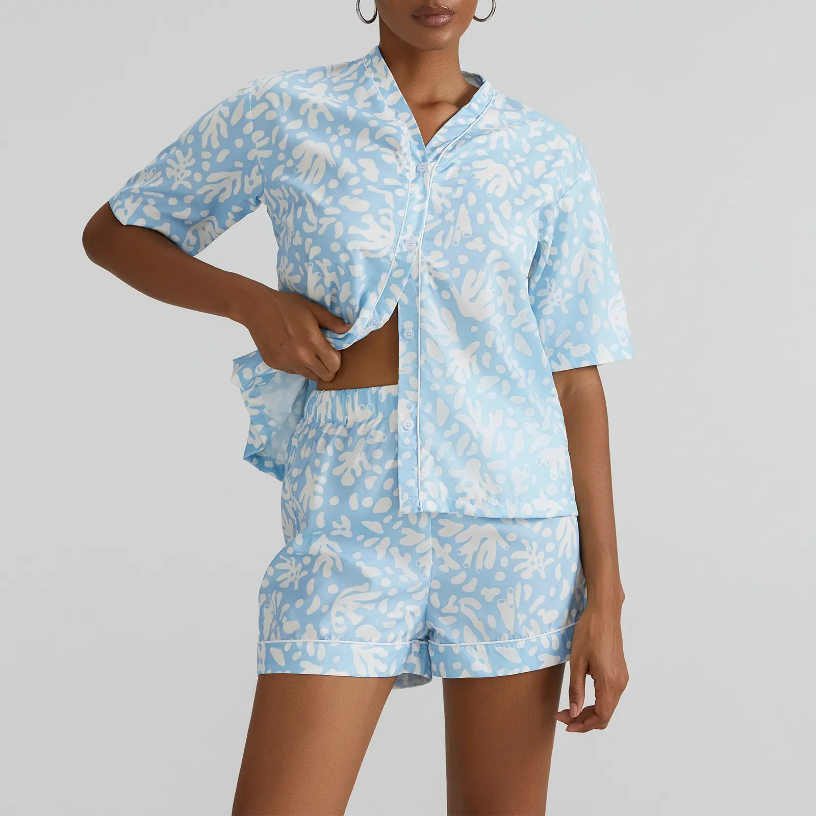 Women's Summer Loungewear Set Abstract Print Short Sleeves V-Neck Button T-Shirt with Elastic Waist Shorts Sleepwear