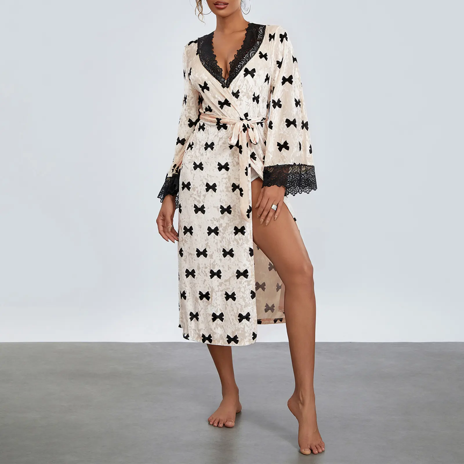 Women Fall Cozy Home Velvet Robe Kimono Collar  Print Long Sleeve Lace Patchwork Bathrobe with Attached Belt