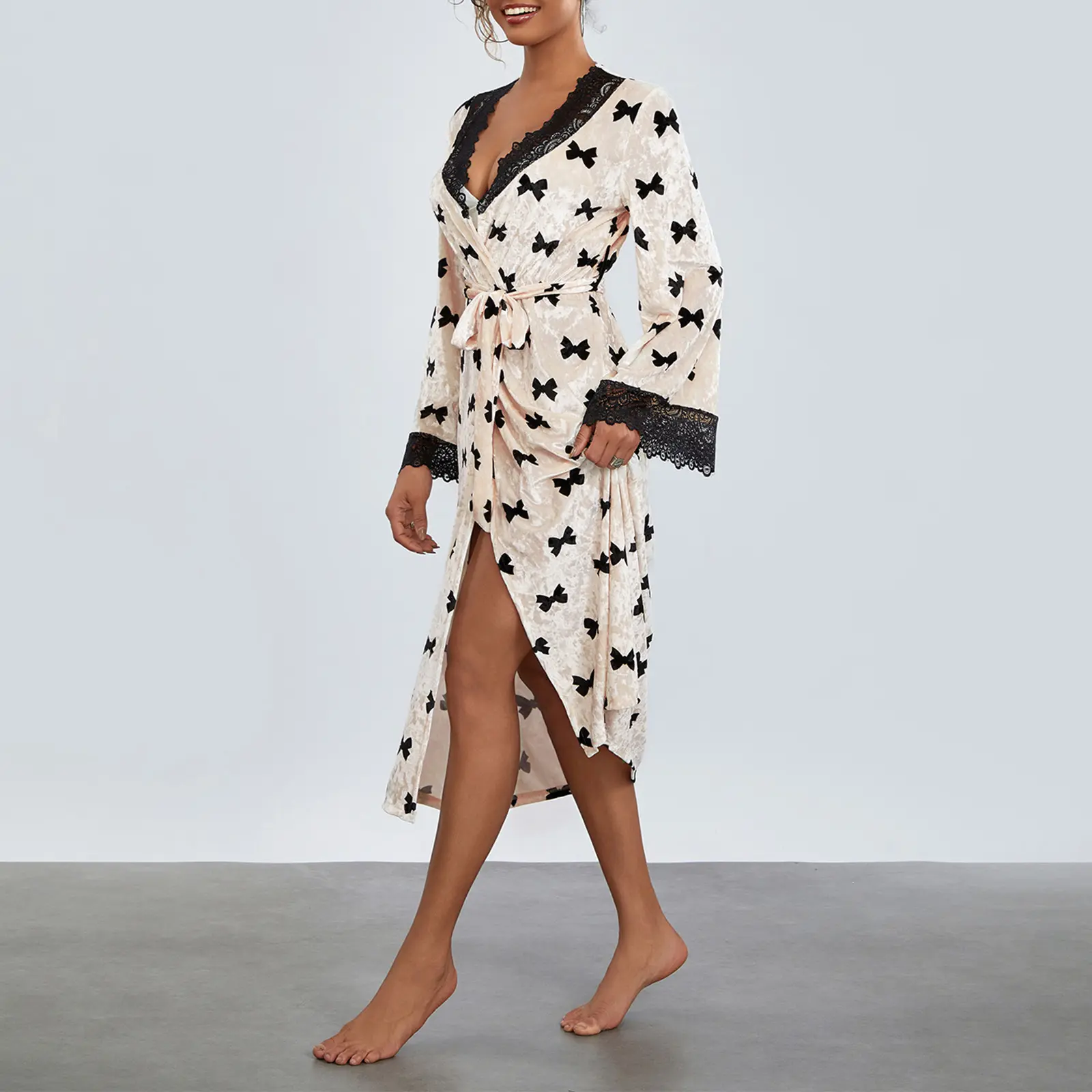 Women Fall Cozy Home Velvet Robe Kimono Collar  Print Long Sleeve Lace Patchwork Bathrobe with Attached Belt