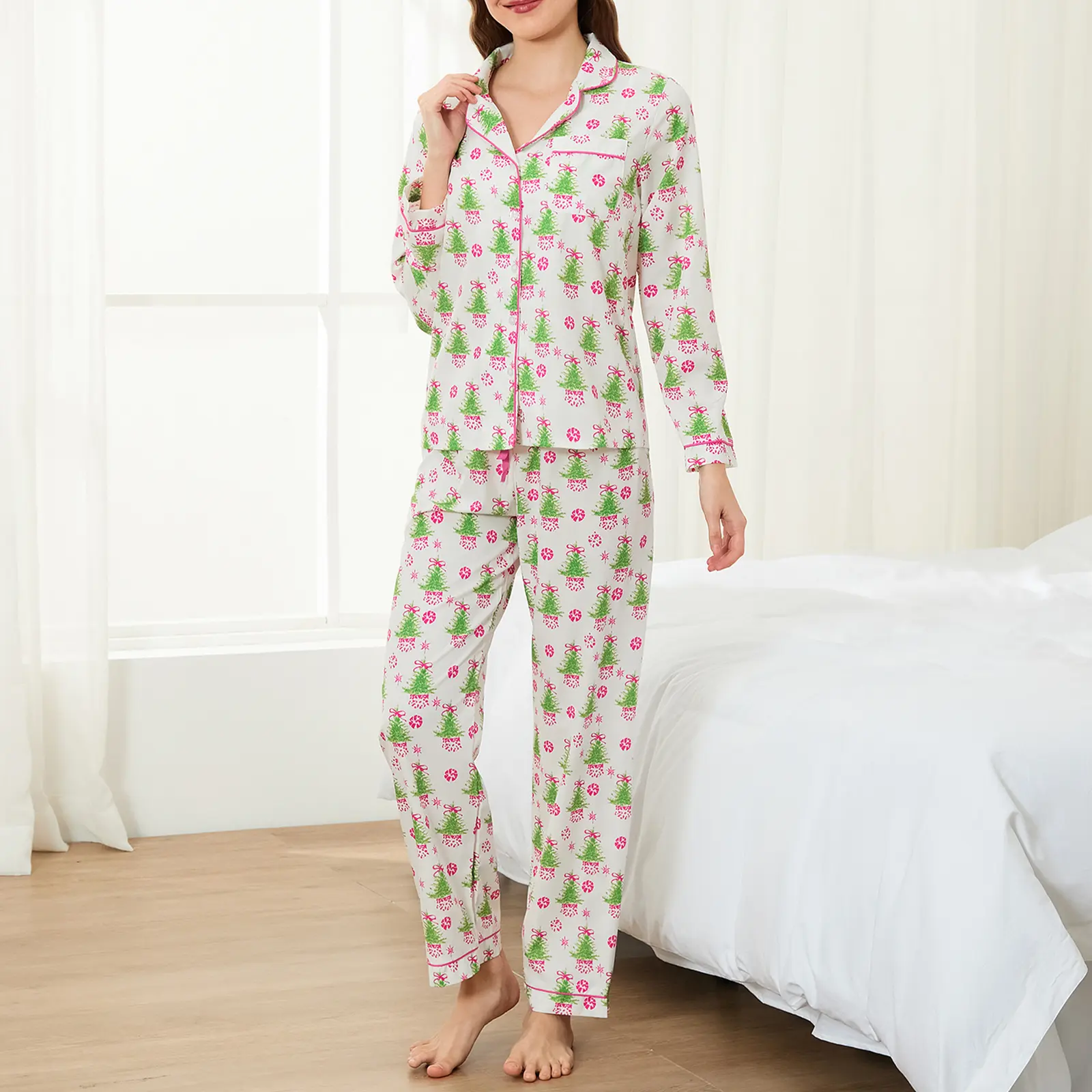 Women Christmas Pajama Set, Tree/Wreath/Elk Print Long Sleeve Shirt with Pants Sleepwear Loungewear