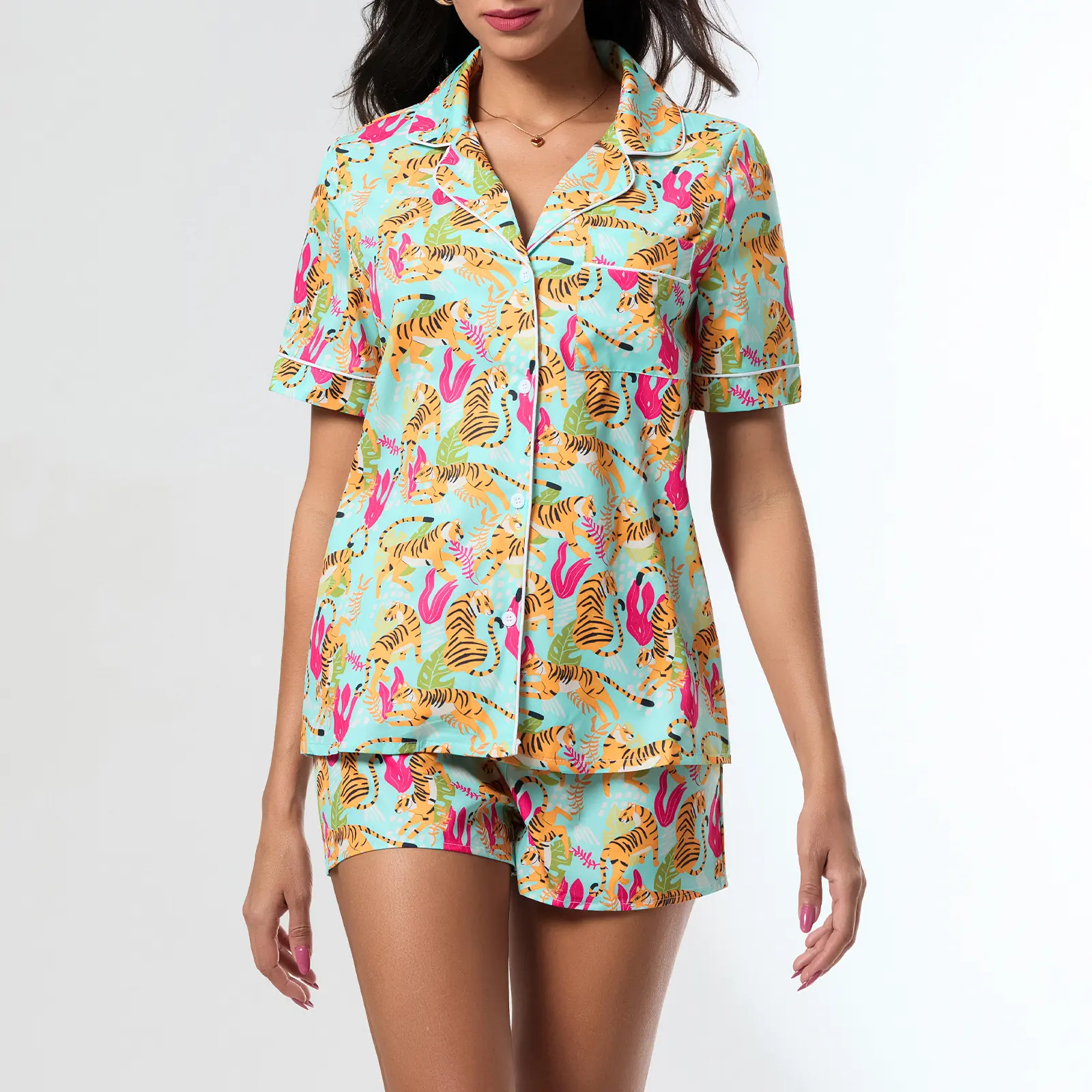Women Summer Pajamas Set Animal Print Button up Shirt and Elastic Shorts for 2 Piece Loungewear Soft Sleepwear