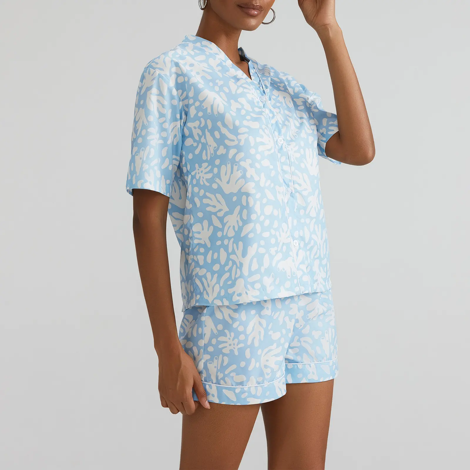 Women's Summer Loungewear Set Abstract Print Short Sleeves V-Neck Button T-Shirt with Elastic Waist Shorts Sleepwear