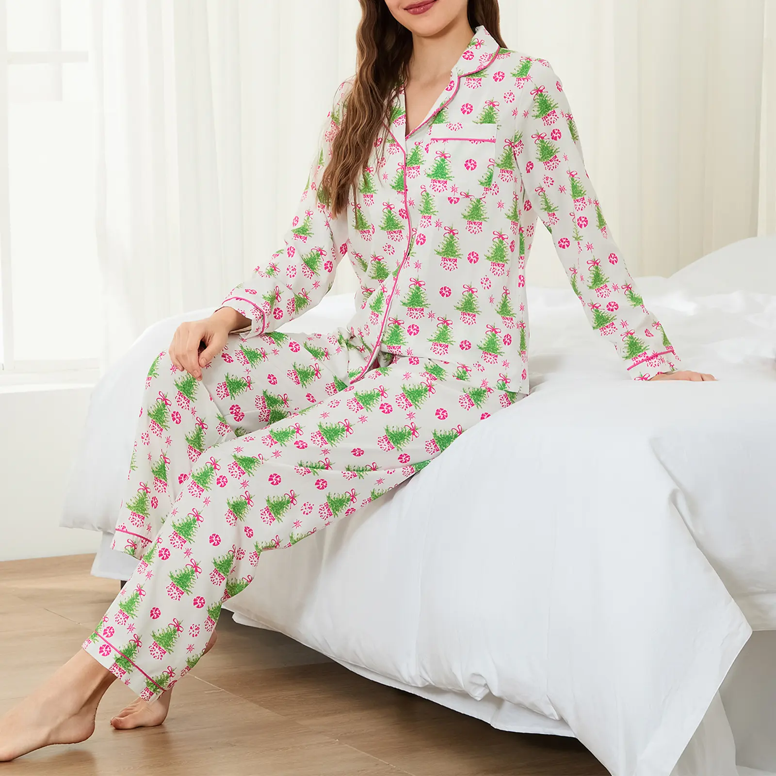 Women Christmas Pajama Set, Tree/Wreath/Elk Print Long Sleeve Shirt with Pants Sleepwear Loungewear