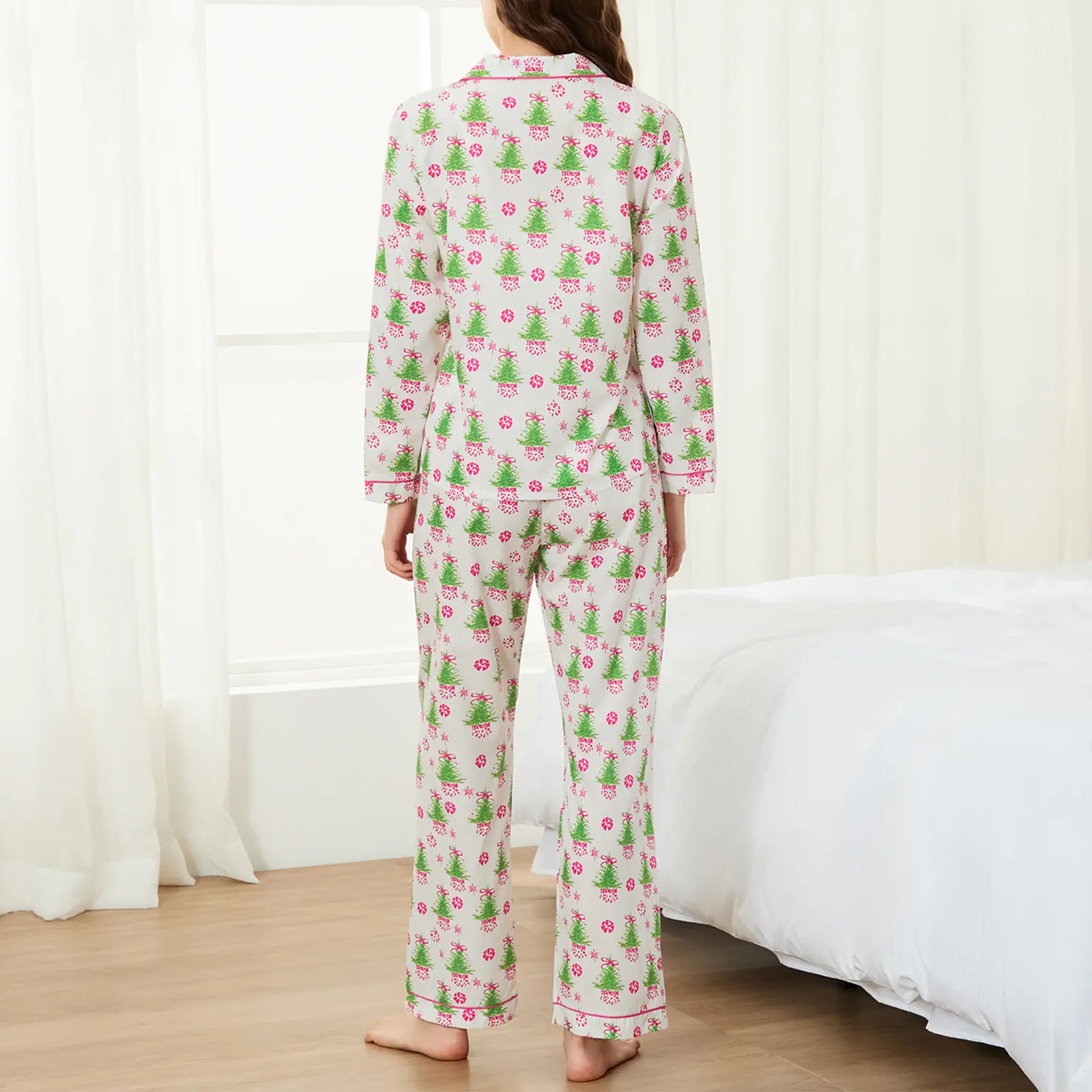Women Christmas Pajama Set, Tree/Wreath/Elk Print Long Sleeve Shirt with Pants Sleepwear Loungewear