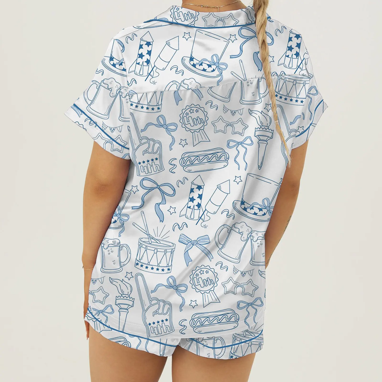 Women's Independence Day Lounge Set Short Sleeve Lapel Patriotic Elements Print Shirt Shorts Sleepwear Sets