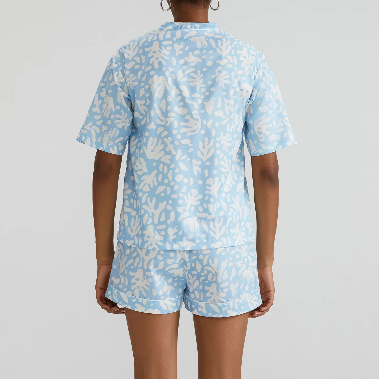 Women's Summer Loungewear Set Abstract Print Short Sleeves V-Neck Button T-Shirt with Elastic Waist Shorts Sleepwear