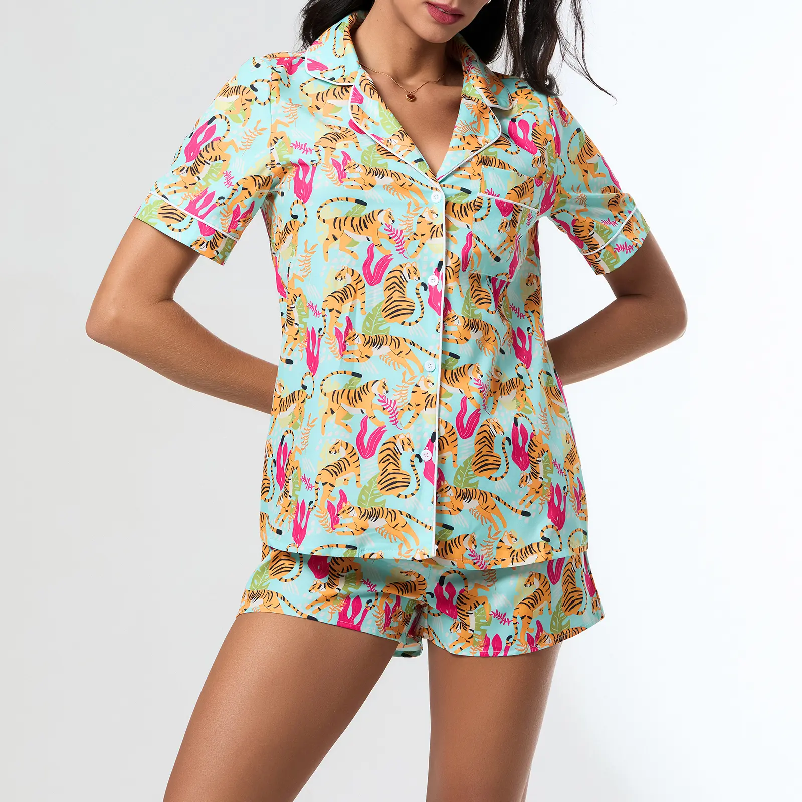 Women Summer Pajamas Set Animal Print Button up Shirt and Elastic Shorts for 2 Piece Loungewear Soft Sleepwear