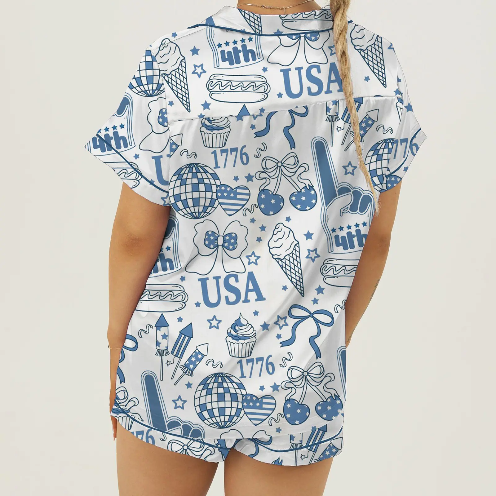 Women's Independence Day Lounge Set Short Sleeve Lapel Patriotic Elements Print Shirt Shorts Sleepwear Sets