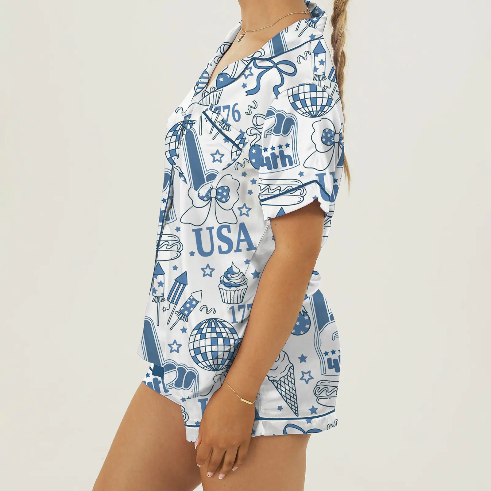 Women's Independence Day Lounge Set Short Sleeve Lapel Patriotic Elements Print Shirt Shorts Sleepwear Sets