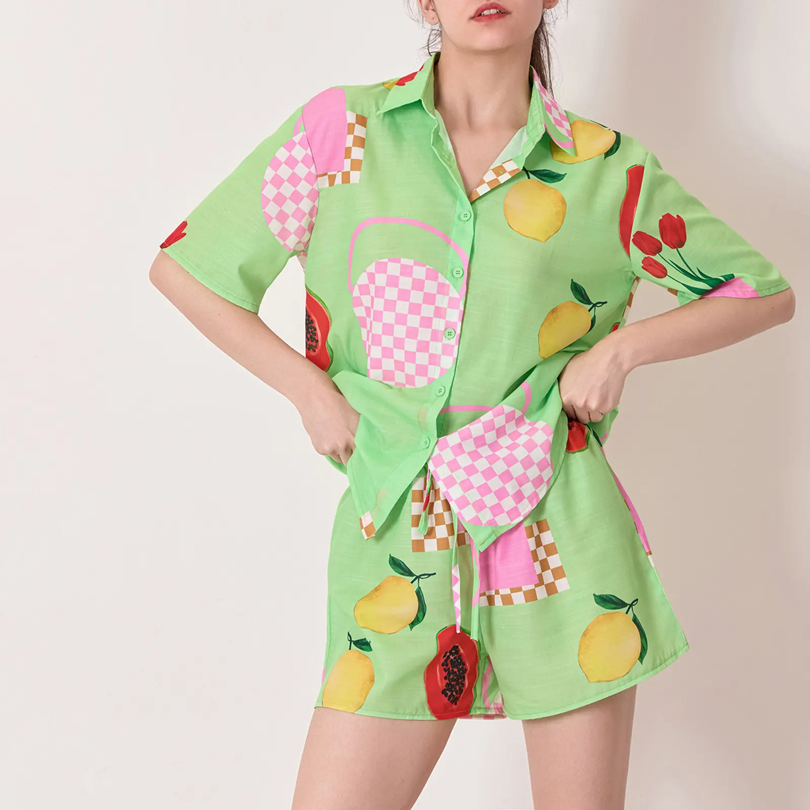 Meihuida Women's 2 Piece Summer Set, Loose Fruit Print Button Down Short Sleeve Shirt Drawstring Shorts Causal Outfits
