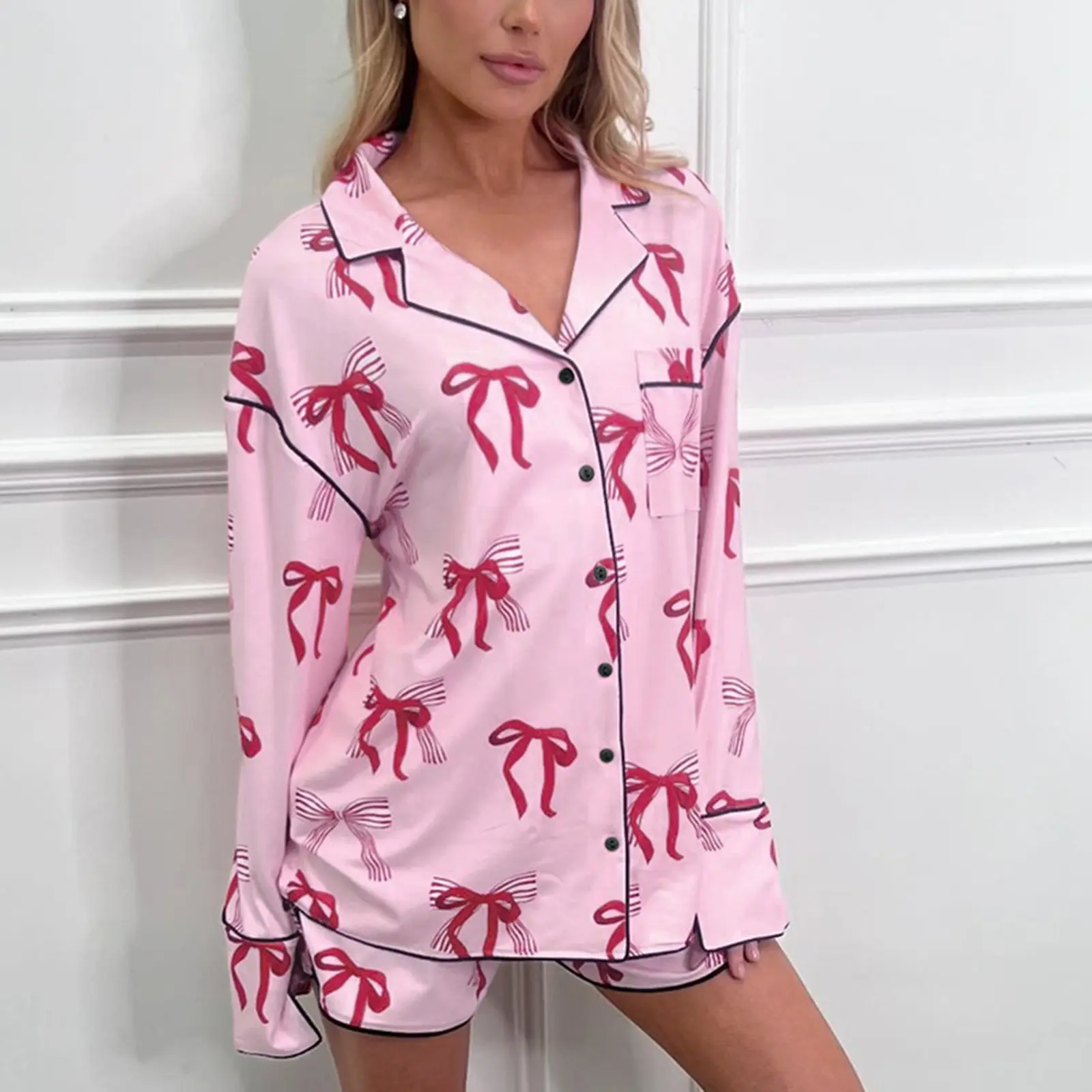 Women's Satin Pajama Set, Bow Print Long Sleeve Button Down Tops Elastic Waist Shorts 2 Piece Lounge Outfits