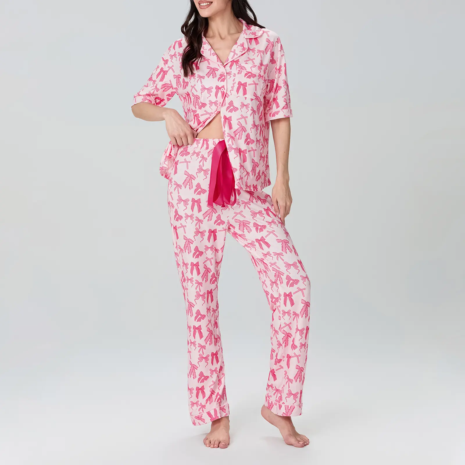Women 2 Piece Pajamas Set Bow Print Button up Elbow Sleeve Shirt and Elastic Pants for Loungewear Soft Sleepwear