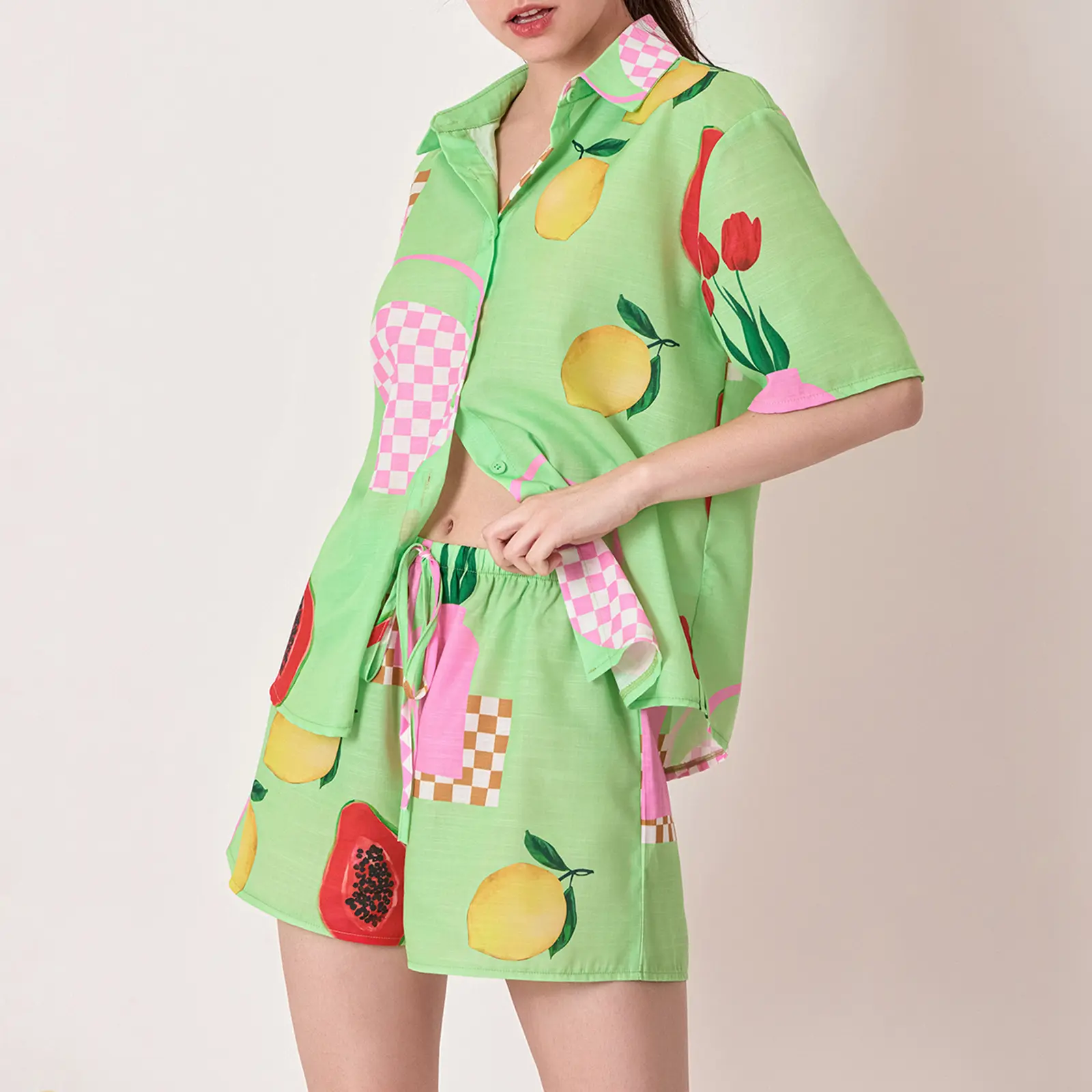 Meihuida Women's 2 Piece Summer Set, Loose Fruit Print Button Down Short Sleeve Shirt Drawstring Shorts Causal Outfits