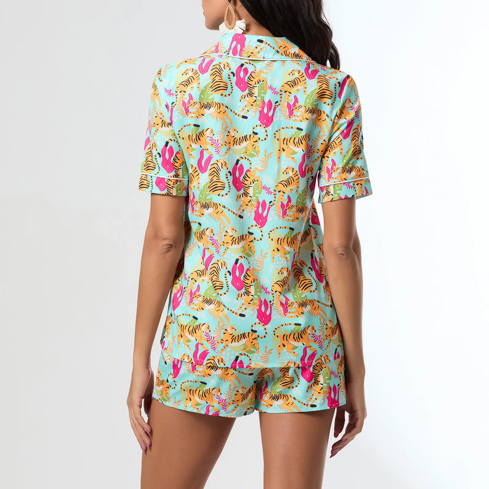 Women Summer Pajamas Set Animal Print Button up Shirt and Elastic Shorts for 2 Piece Loungewear Soft Sleepwear