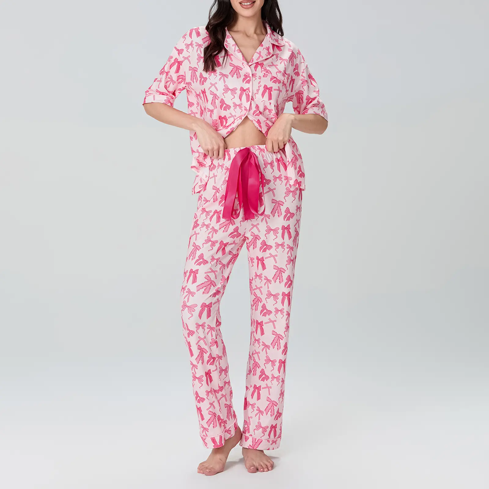 Women 2 Piece Pajamas Set Bow Print Button up Elbow Sleeve Shirt and Elastic Pants for Loungewear Soft Sleepwear