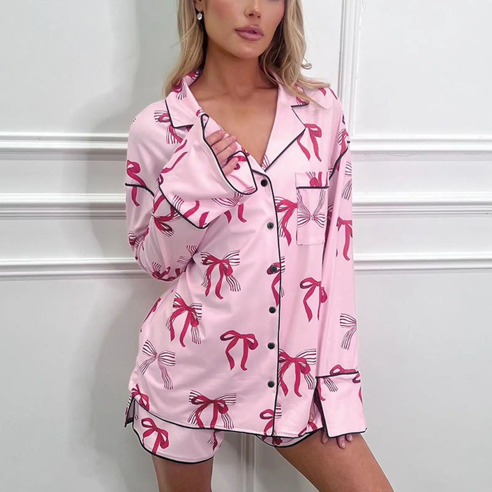Women's Satin Pajama Set, Bow Print Long Sleeve Button Down Tops Elastic Waist Shorts 2 Piece Lounge Outfits