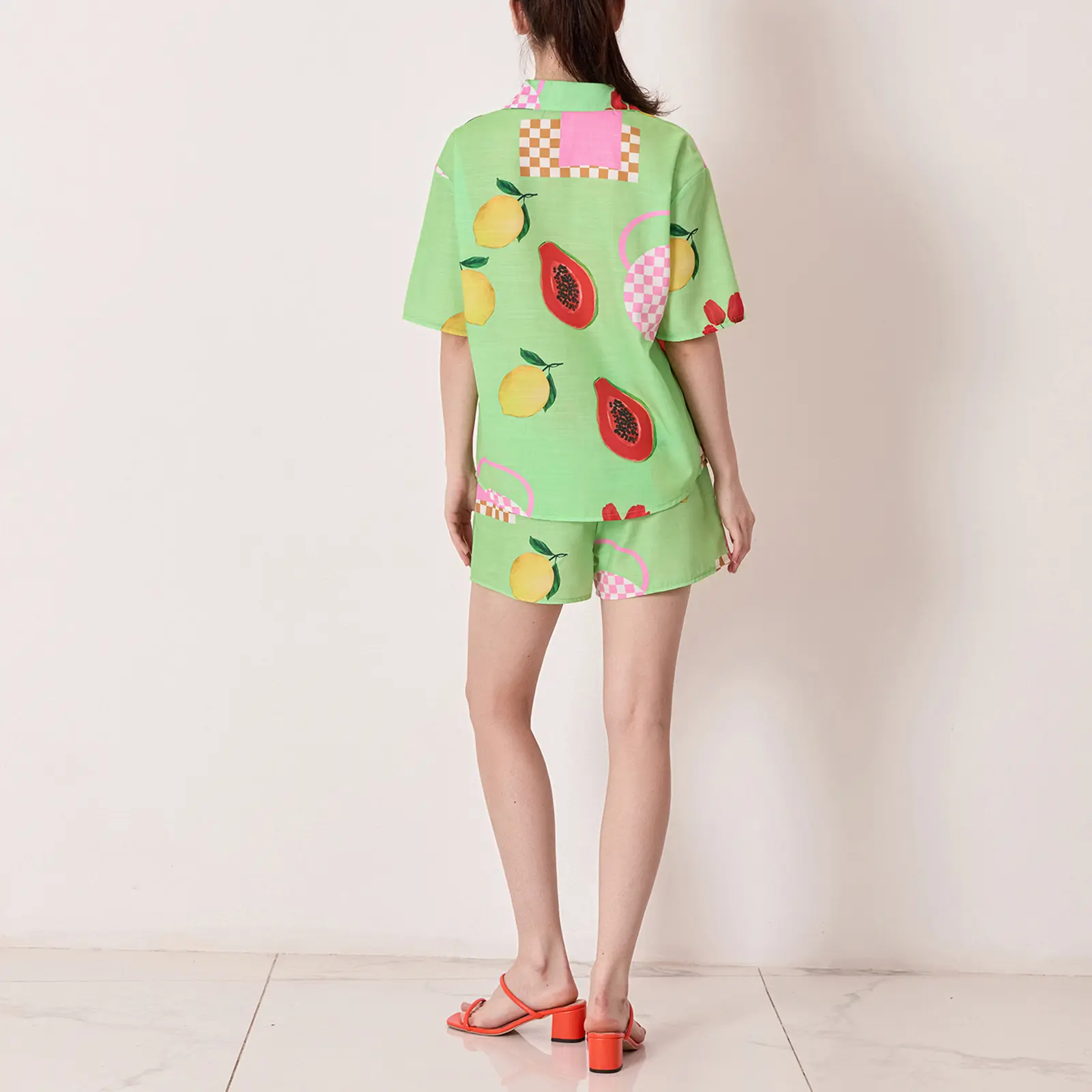 Meihuida Women's 2 Piece Summer Set, Loose Fruit Print Button Down Short Sleeve Shirt Drawstring Shorts Causal Outfits