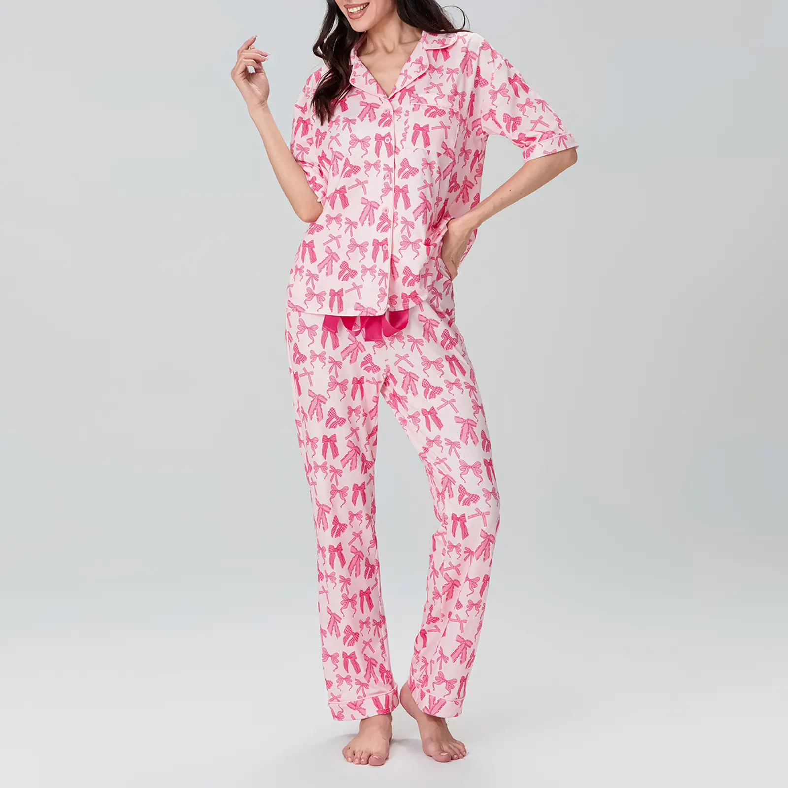 Women 2 Piece Pajamas Set Bow Print Button up Elbow Sleeve Shirt and Elastic Pants for Loungewear Soft Sleepwear