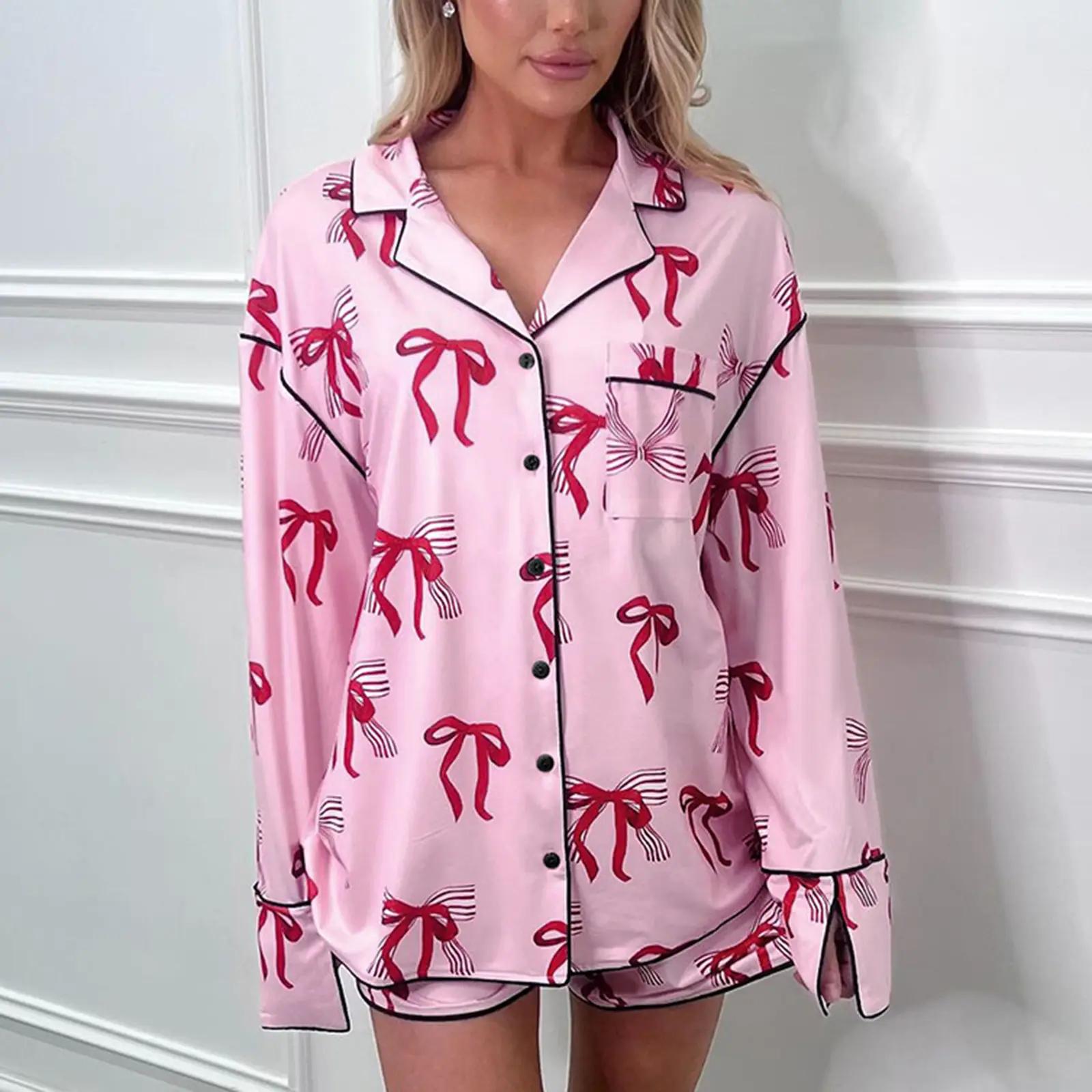 Women's Satin Pajama Set, Bow Print Long Sleeve Button Down Tops Elastic Waist Shorts 2 Piece Lounge Outfits