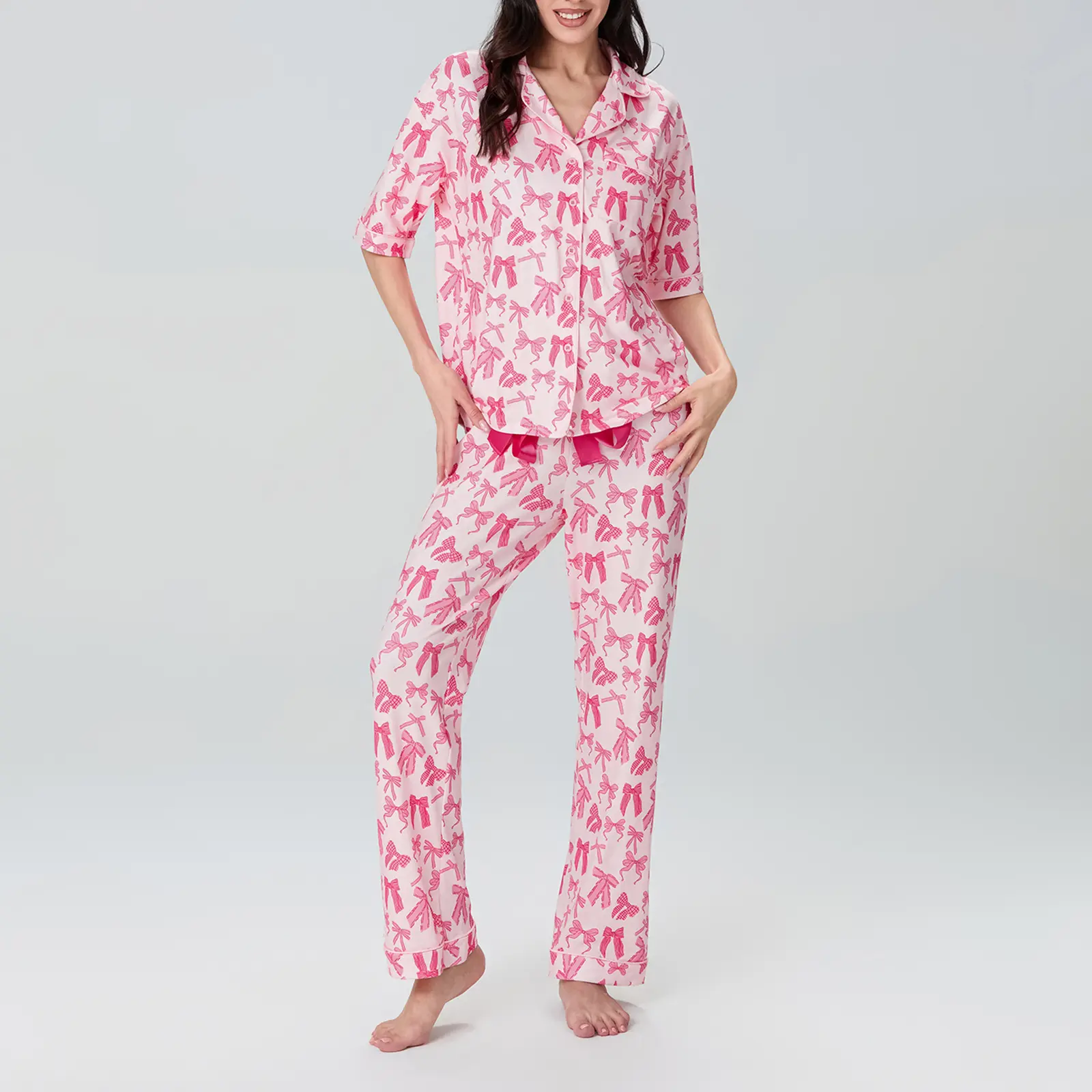 Women 2 Piece Pajamas Set Bow Print Button up Elbow Sleeve Shirt and Elastic Pants for Loungewear Soft Sleepwear