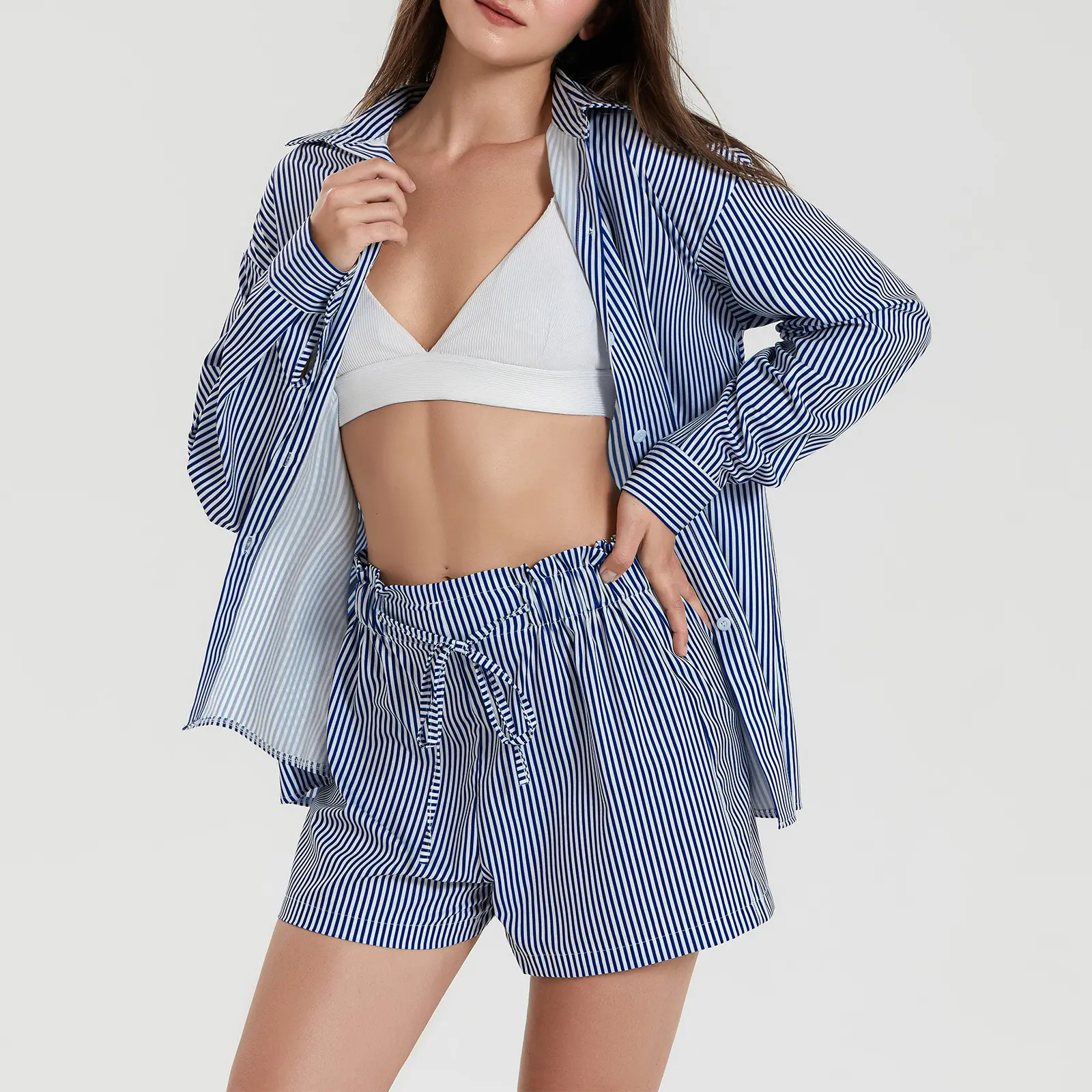 Women Casual Shorts Set, Plaid Long Sleeve Shirt with Waist Tie Shorts Striped Basics Set 2-piece Outfit Sleepwear