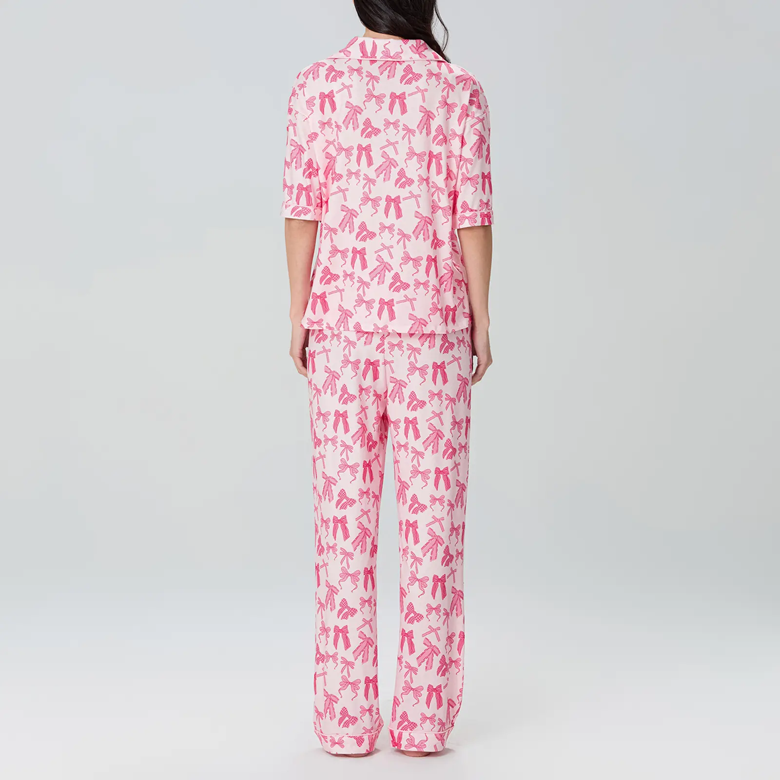 Women 2 Piece Pajamas Set Bow Print Button up Elbow Sleeve Shirt and Elastic Pants for Loungewear Soft Sleepwear