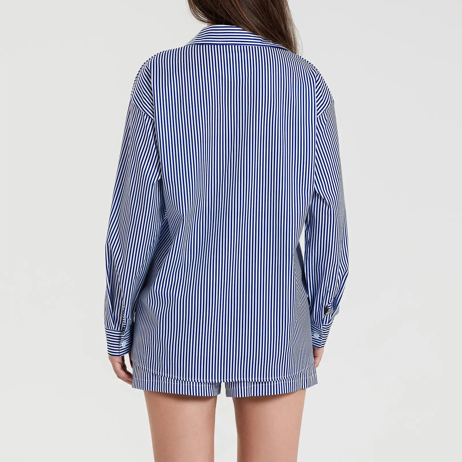 Women Casual Shorts Set, Plaid Long Sleeve Shirt with Waist Tie Shorts Striped Basics Set 2-piece Outfit Sleepwear