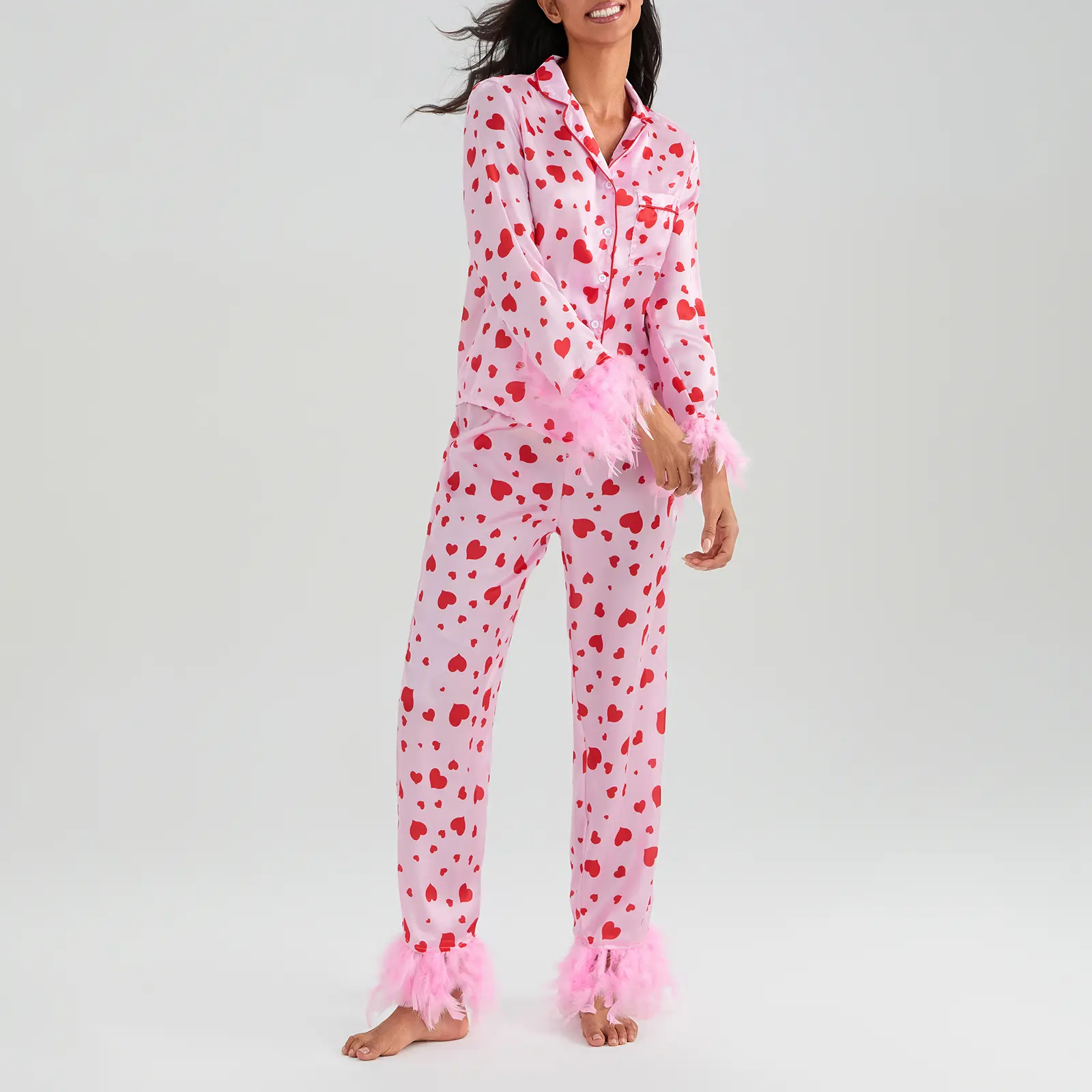 Women's 2 Piece Lounge Set Long Sleeve Button Up Heart Print Tops Pants Sleepwear Sets