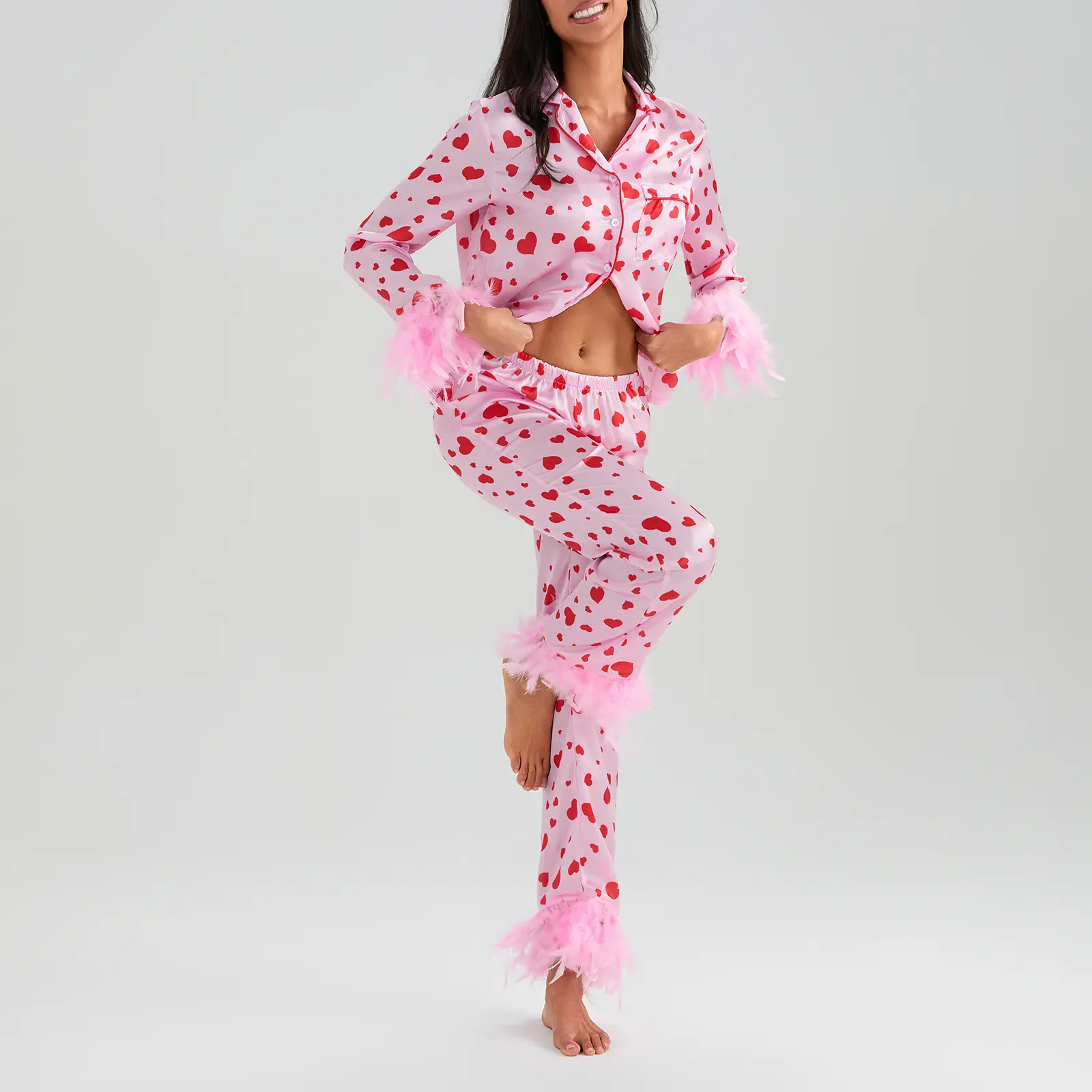 Women's 2 Piece Lounge Set Long Sleeve Button Up Heart Print Tops Pants Sleepwear Sets