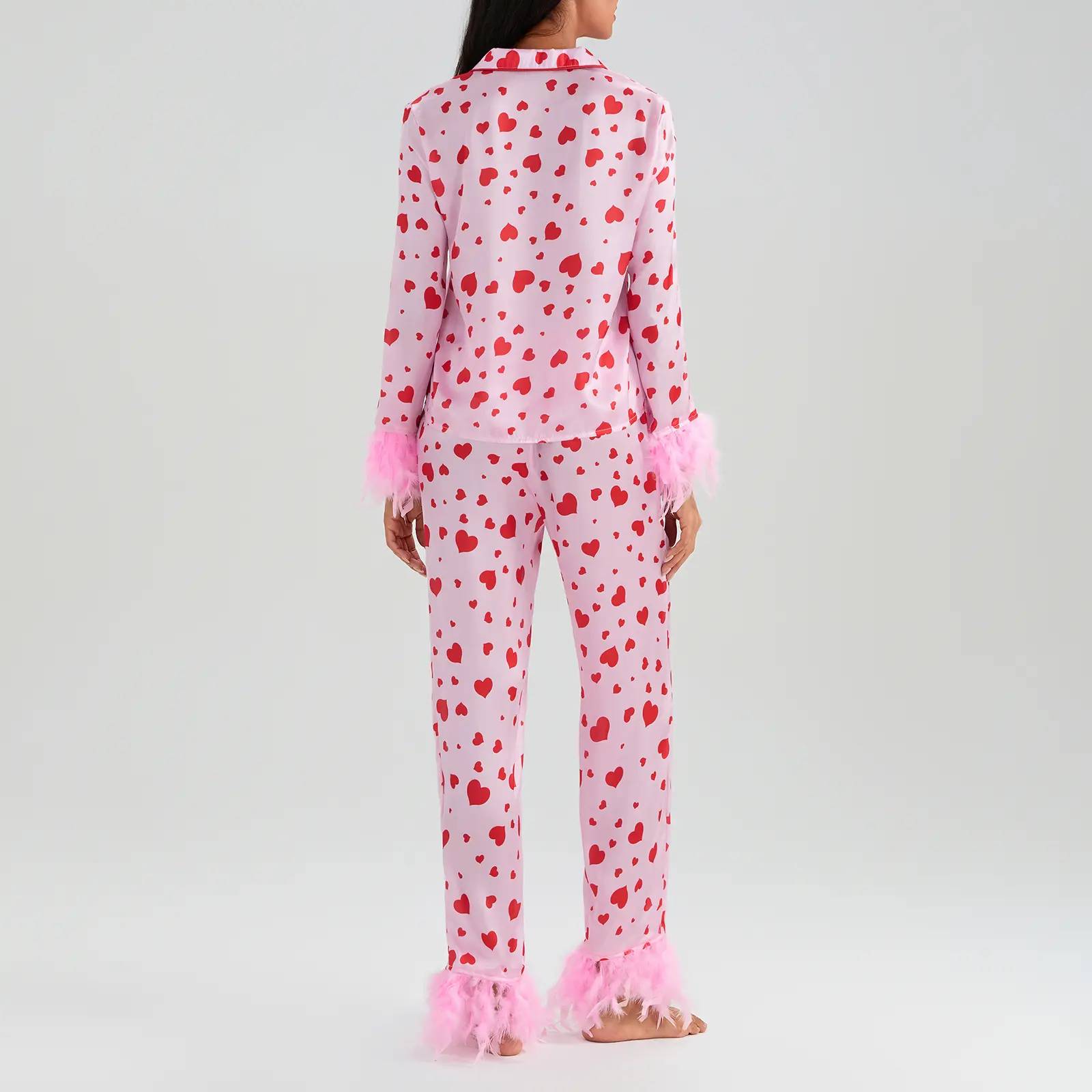 Women's 2 Piece Lounge Set Long Sleeve Button Up Heart Print Tops Pants Sleepwear Sets
