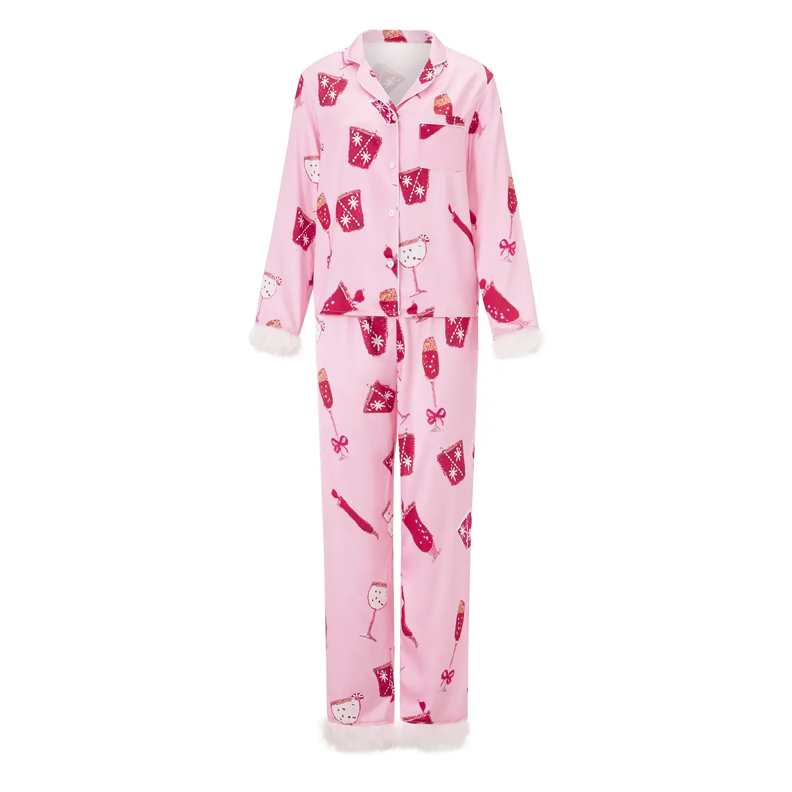 Women's 2 Piece Lounge Set Long Sleeve Lapel Goblet Print Shirt Pants Sleepwear Sets