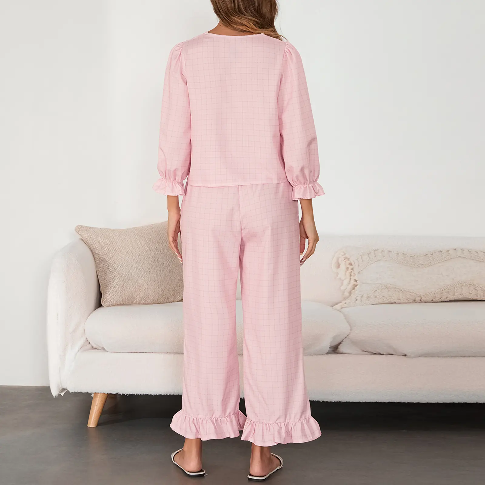 Women's Lounge Set, Plaid Deep V Neck 3/4 Sleeve Tie Front Tops Elastic Waist Ruffle Pants 2 Piece Pajama Outfit