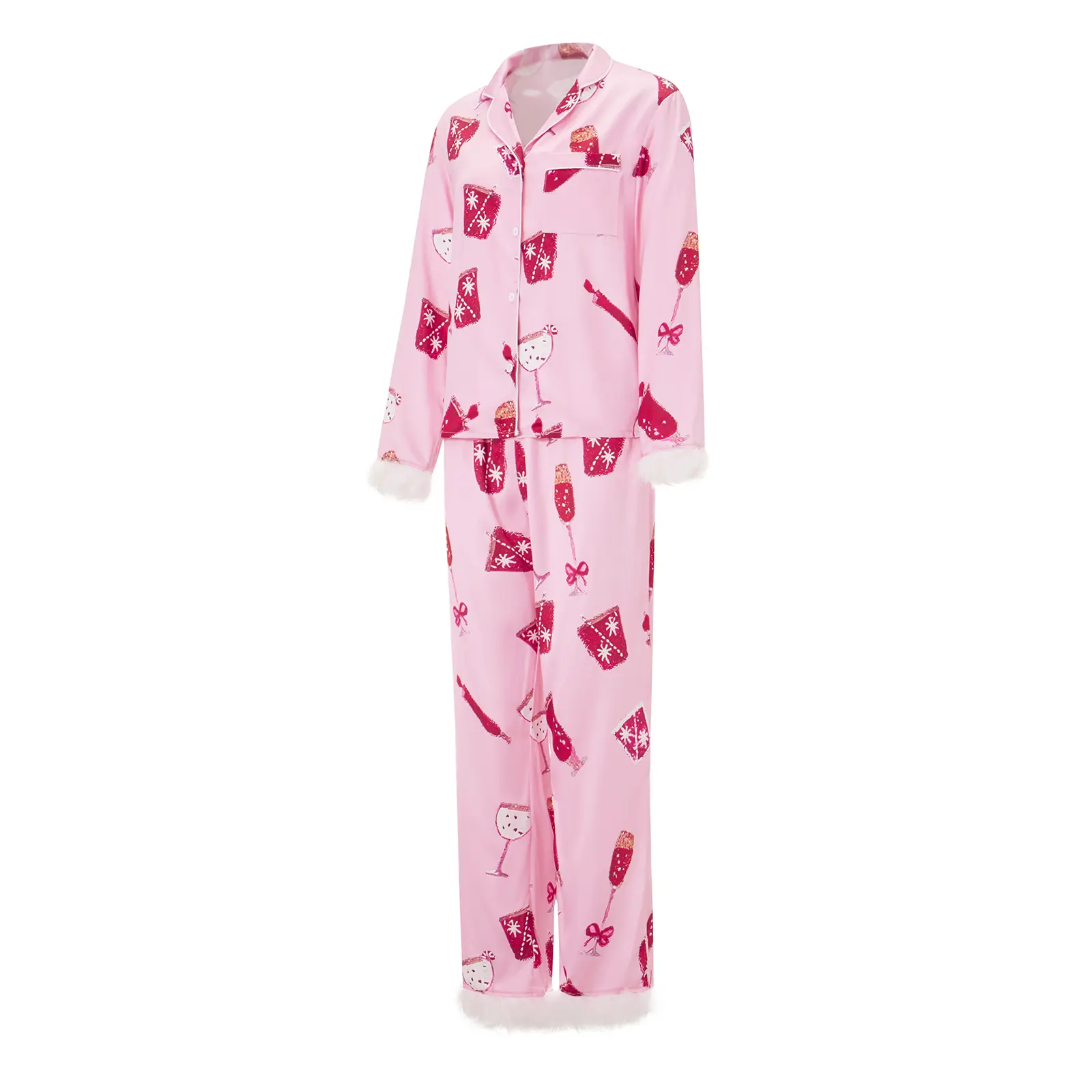 Women's 2 Piece Lounge Set Long Sleeve Lapel Goblet Print Shirt Pants Sleepwear Sets