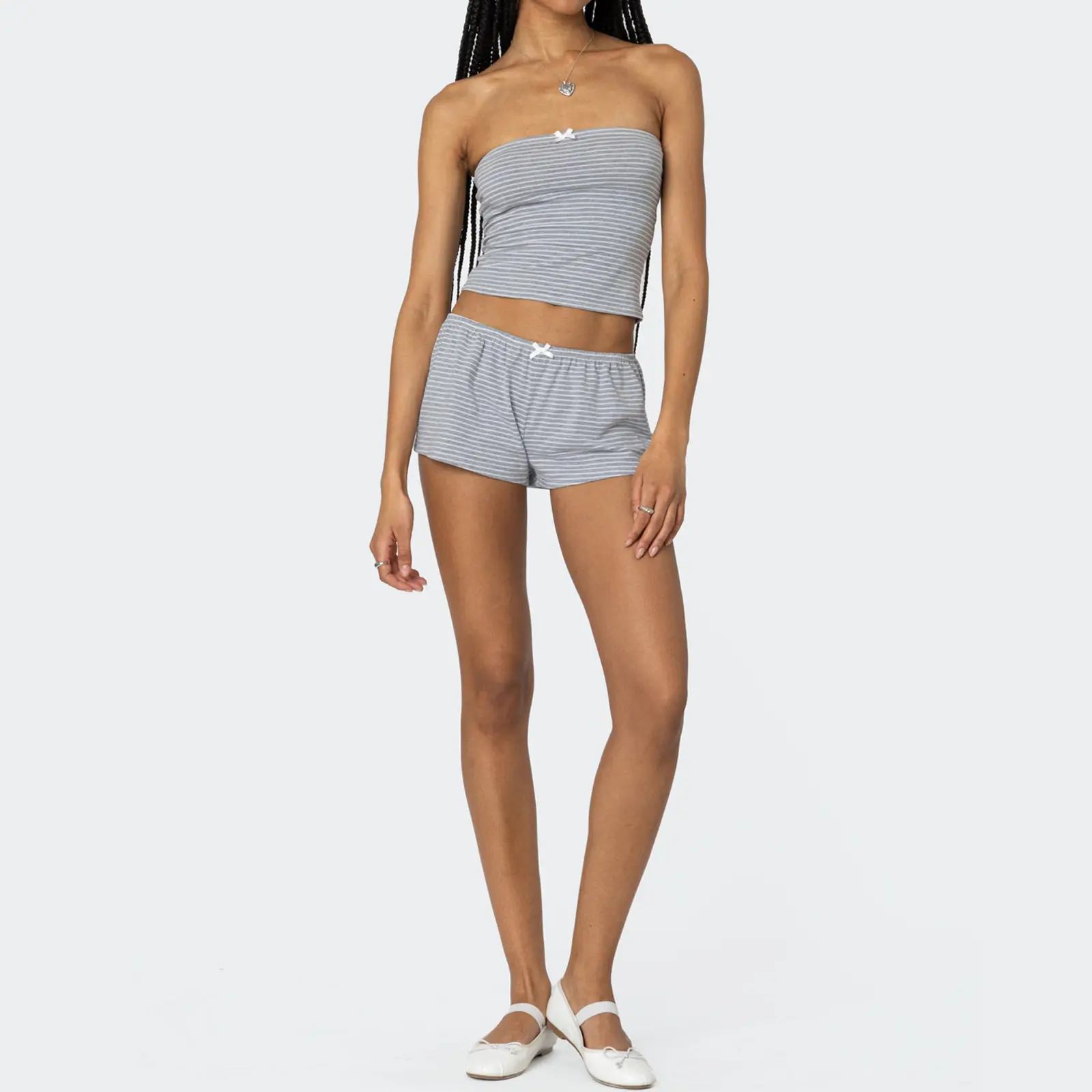 Women Pinstripes Bow Shorts Set Boat Neck Sleeveless Slim Fit Crop Tube Tops Shorts 2-Piece Outfits
