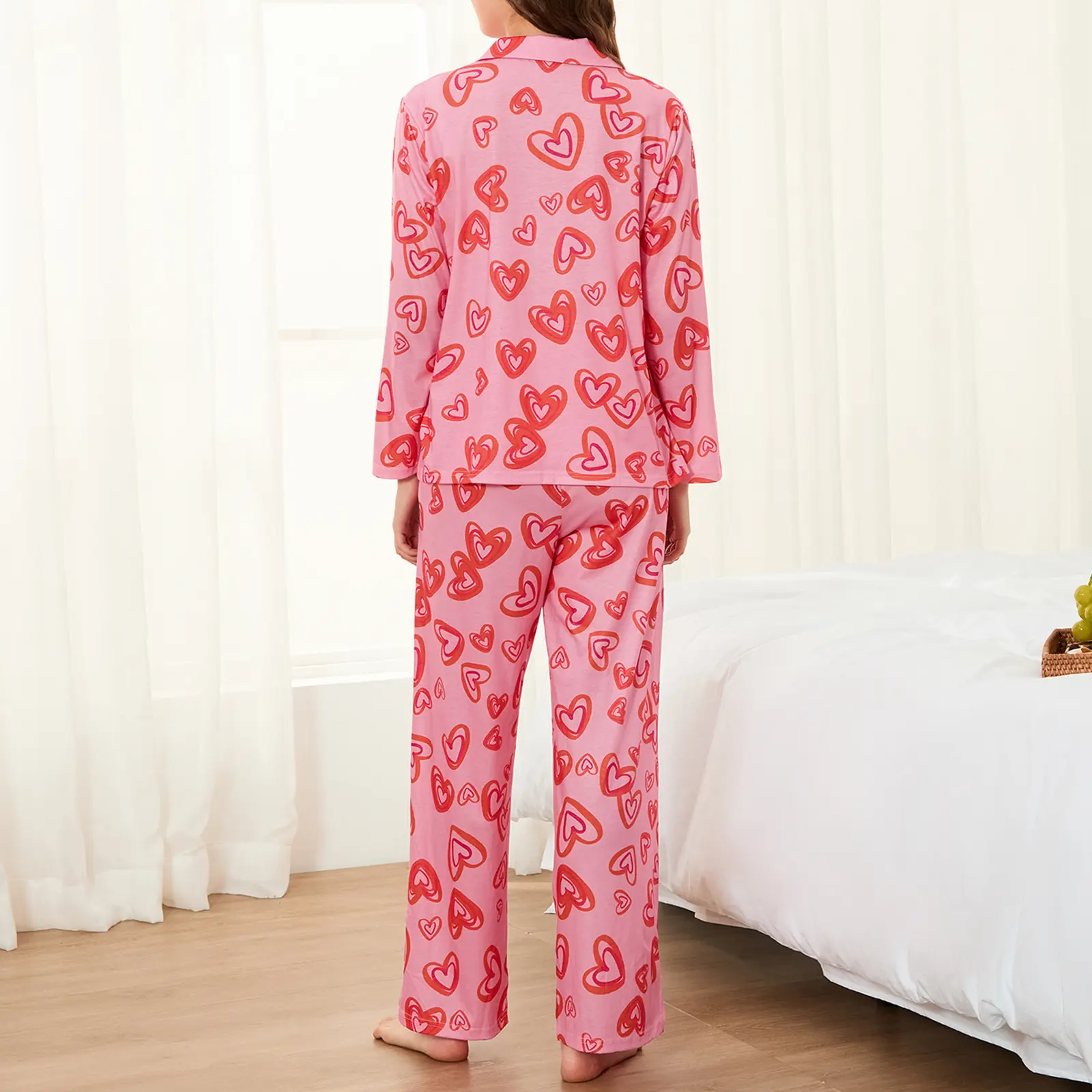 Women Valentine's Day Pajamas Lounge Set Heart Print Long Sleeve Tops and Pants 2 Piece Loungewear Outfits