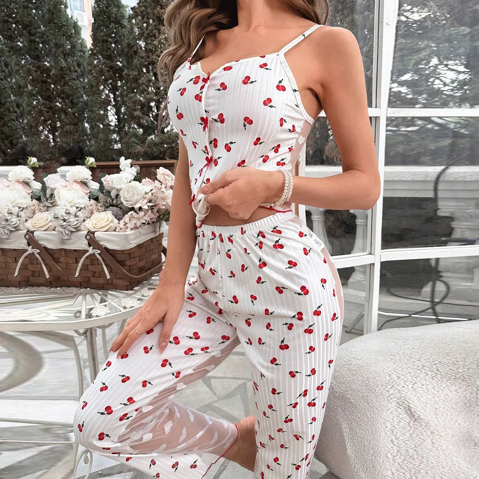 Women's Summer Sheer Mesh Loungewear Set, Cherry Heart Print Cami Tops with Elastic Waist Pants 2 Pieces Sleepwear
