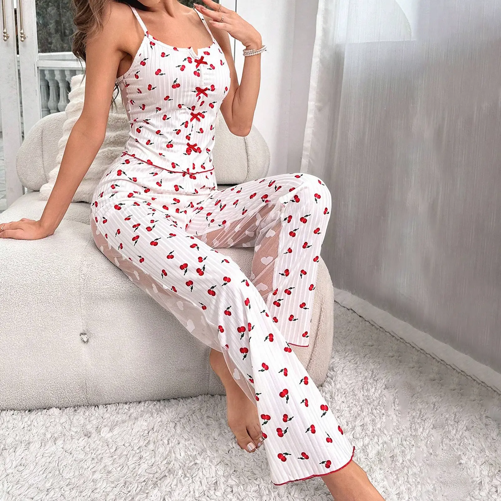 Women's Summer Sheer Mesh Loungewear Set, Cherry Heart Print Cami Tops with Elastic Waist Pants 2 Pieces Sleepwear